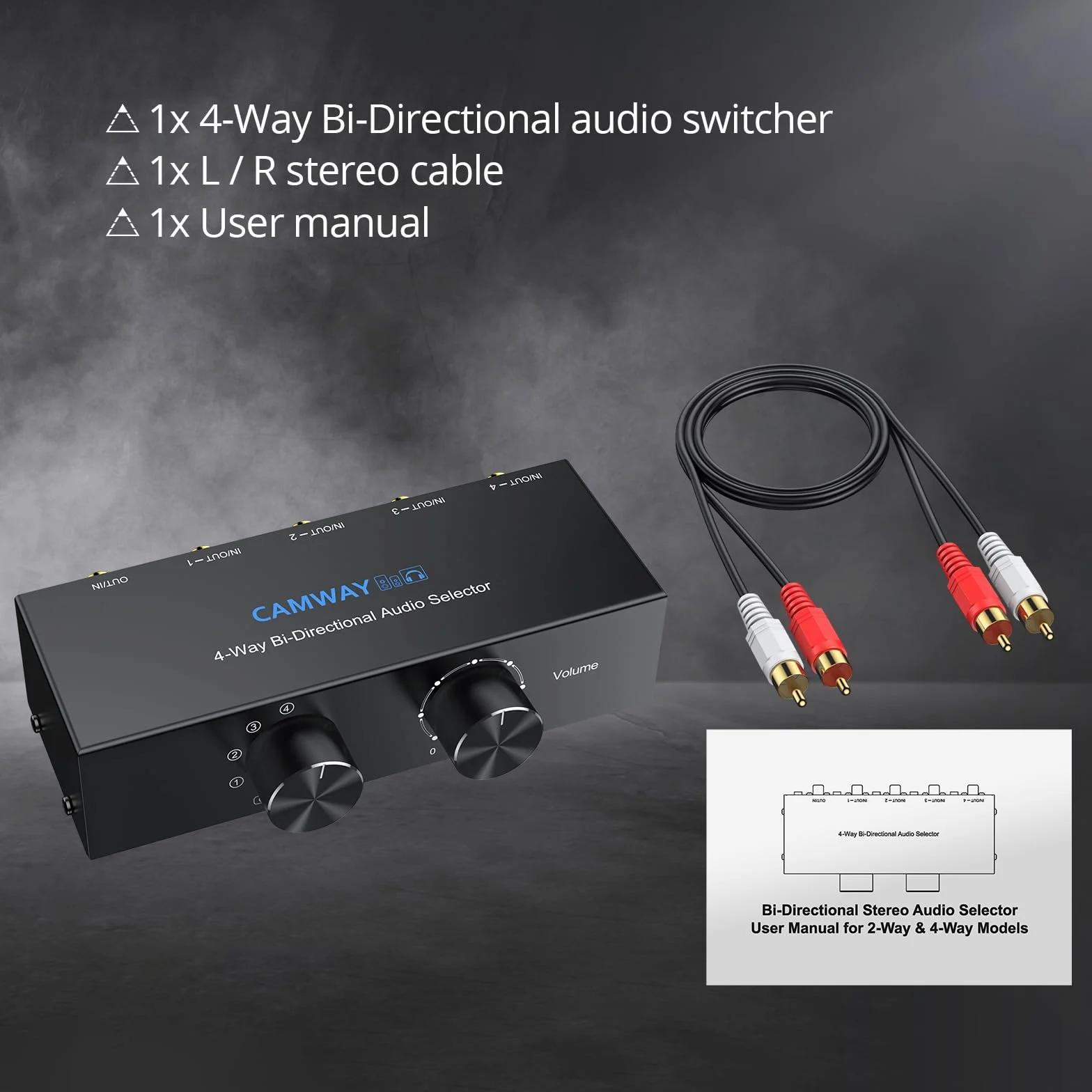 CAMWAY 4 (1) In-1(4) Out RCA L/R Stereo Audio Switch, dwukierunkowy przełącznik audio z przyciskiem głośności / wyłączania, pasywny przełącznik stereo AUX do głośników, słuchawek, wzmacniacza