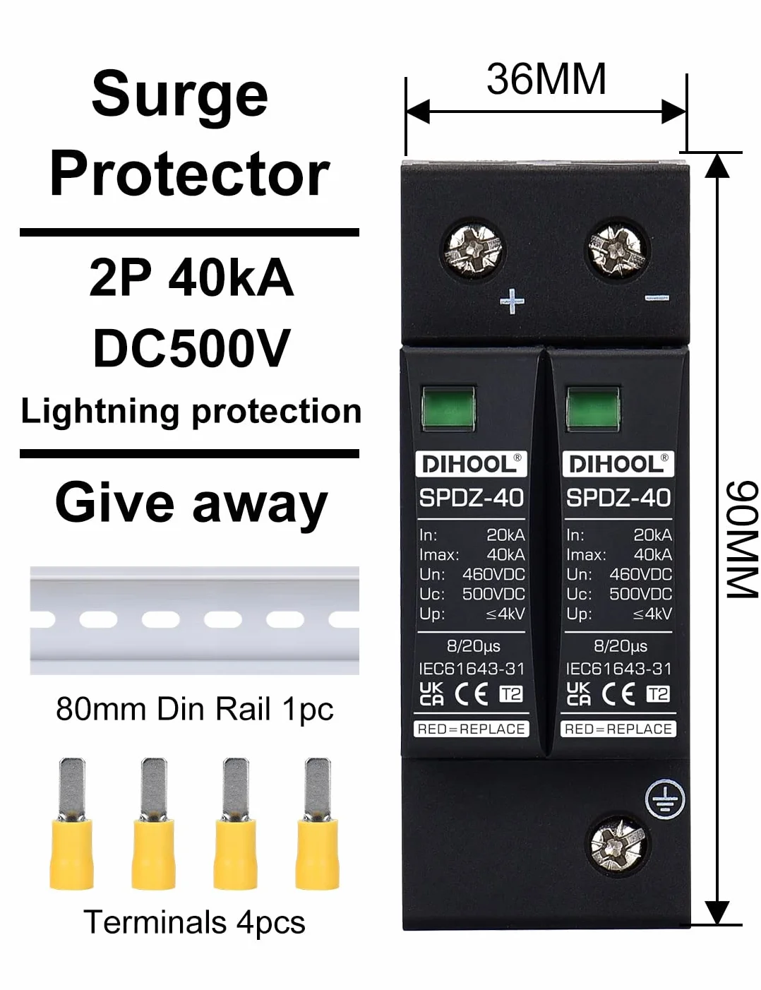 DIHOOL PV solar ochrona przeciwprzepięciowa, 2P 40KA DC 500V Osłony przepięciowe Fotowoltaika Gospodarstwo domowe