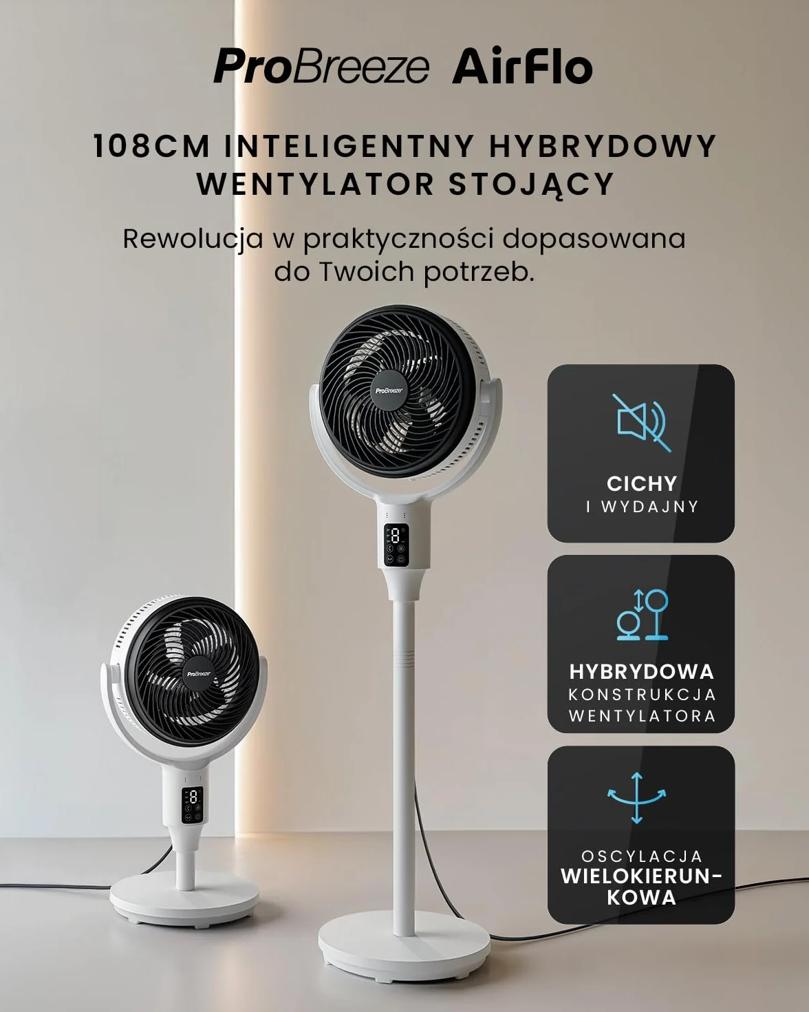 Wentylator stojący Pro Breeze AirFlo Smart 108 cm – 29 dB Supercichy – Wyświetlacz LED, Aplikacja i Pilot, 2 Tryby, Oscylacja Pionowo-Pozioma – WiFi