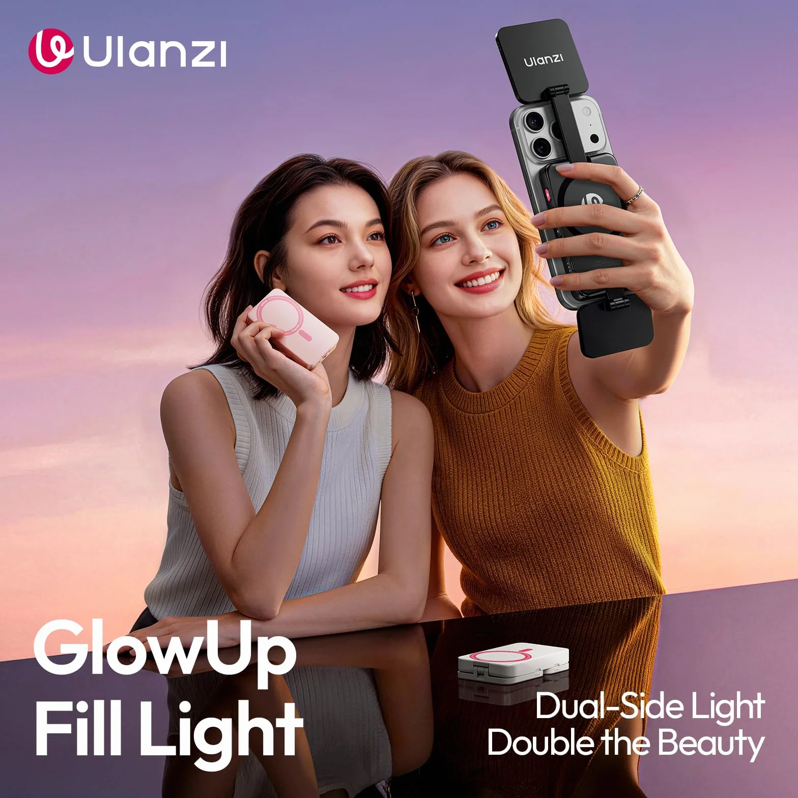 ULANZI GL01 [Aktualizacja 2026] Magnetyczna lampa do selfie do iPhone'a, dwa kwadratowe panele LED, wysuwany trzonek, ściemnialna w zakresie 2500-6500 K, kompatybilna z iPhone/Samsung (Różowy)