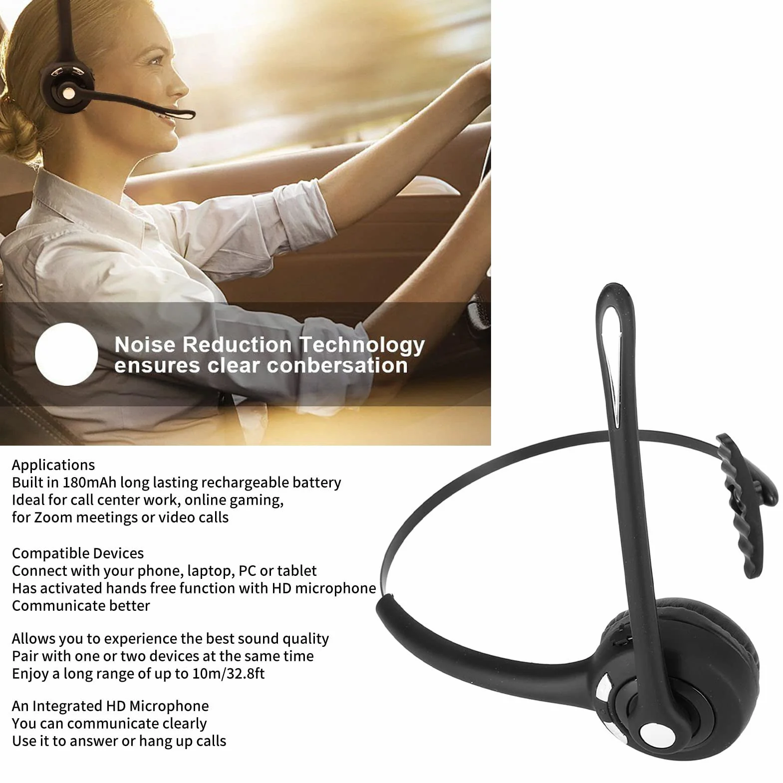 Telefoniczny Zestaw Słuchawkowy Bluetooth, Jedno Ucho HD Regulowany Mikrofon Bezprzewodowe Słuchawki Biznesowe Do Spotkania W Call Center