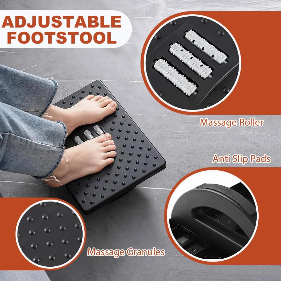 Ergonomiczny podnóżek – regulowany podnóżek pod biurko z masażem rolkowym (czarny)