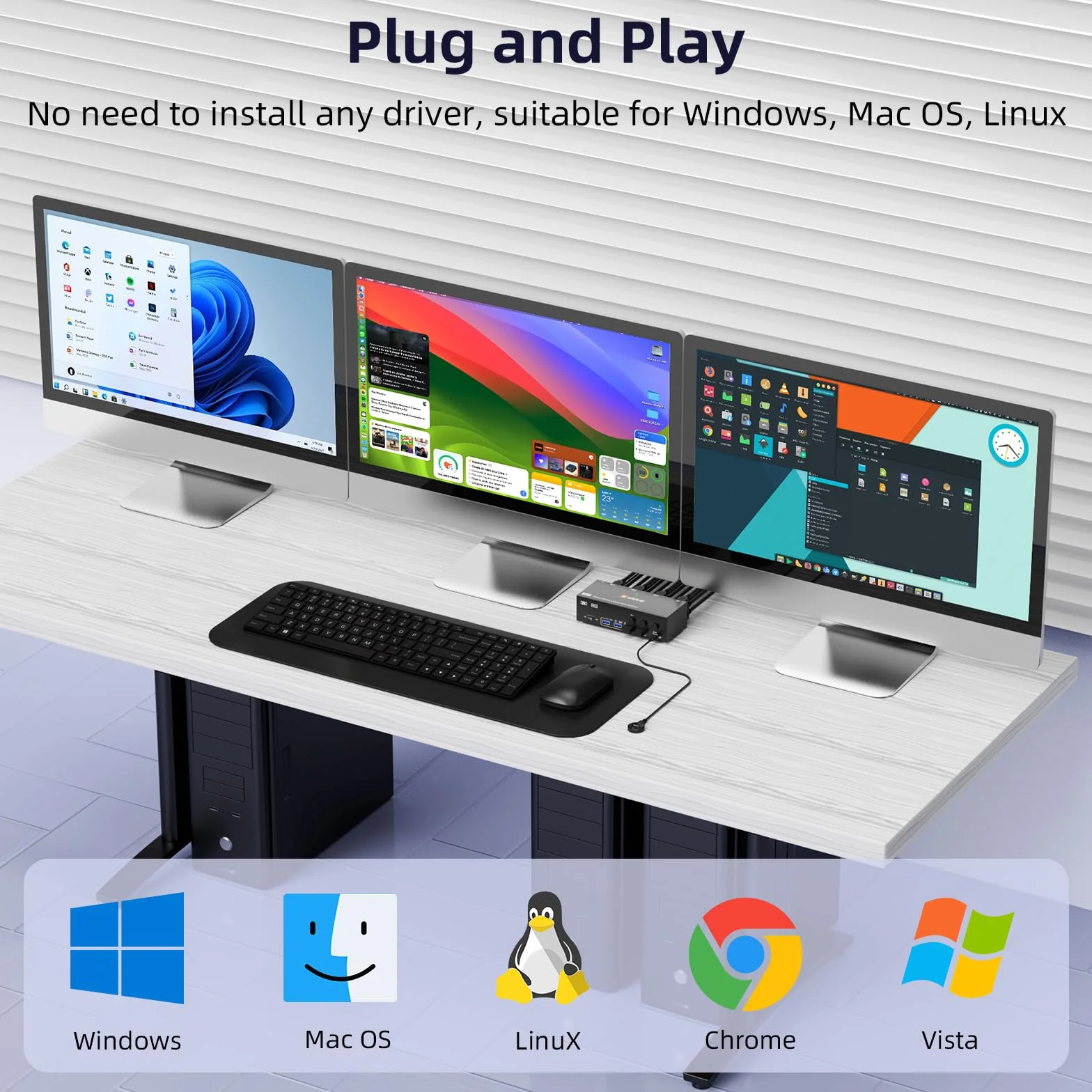 KVM przełącznik 3 PC 3 monitory 8K 60 Hz 4K 144 Hz, potrójny monitor HDMI + 2 Displayport KVM przełącznik do 3 części PC, 3 monitorów i 4 urządzeń USB 3.0, z zasilaczem 12 V DC, przewodowym pilotem
