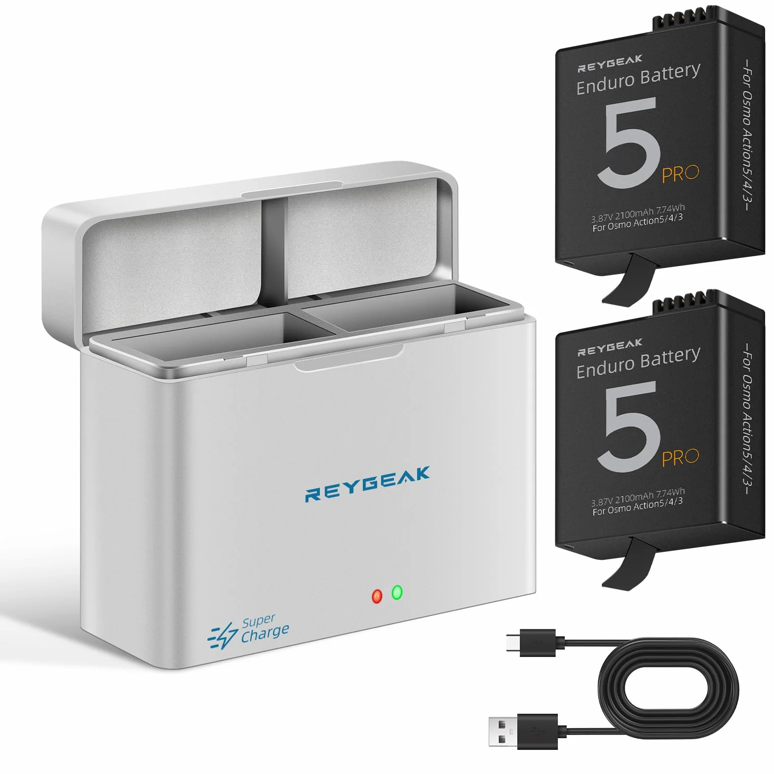 REYGEAK Akumulator i ładowarka do DJI Osmo Action 5 Pro/4/3, 2 baterie 2100 mAh z 2 przyłączami PD - szybkie ładowanie