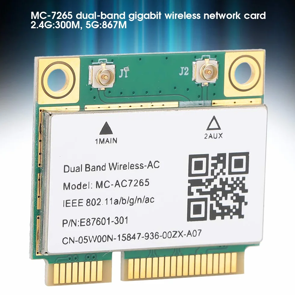 Fdit Sieciowa karta Bluetooth, dwuzakresowy bezprzewodowy adapter WiFi AC 7265, 2,4 G 300 Mb/s/5G 867 Mbps High Speed Bluetooth 4.2, 802.11a/b/g/n/AC PCI-E Half Mini Card