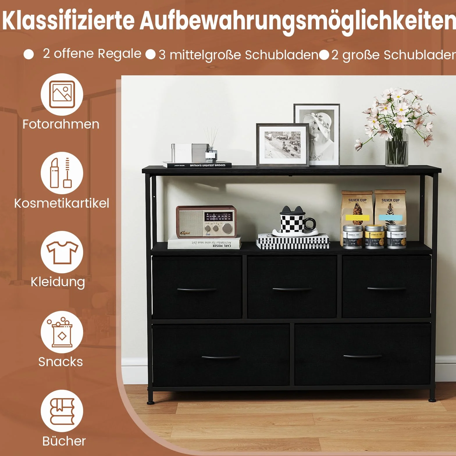 COSTWAY Komoda 5 szuflad z drewnianym blatem i metalową ramą 100×30×80 cm