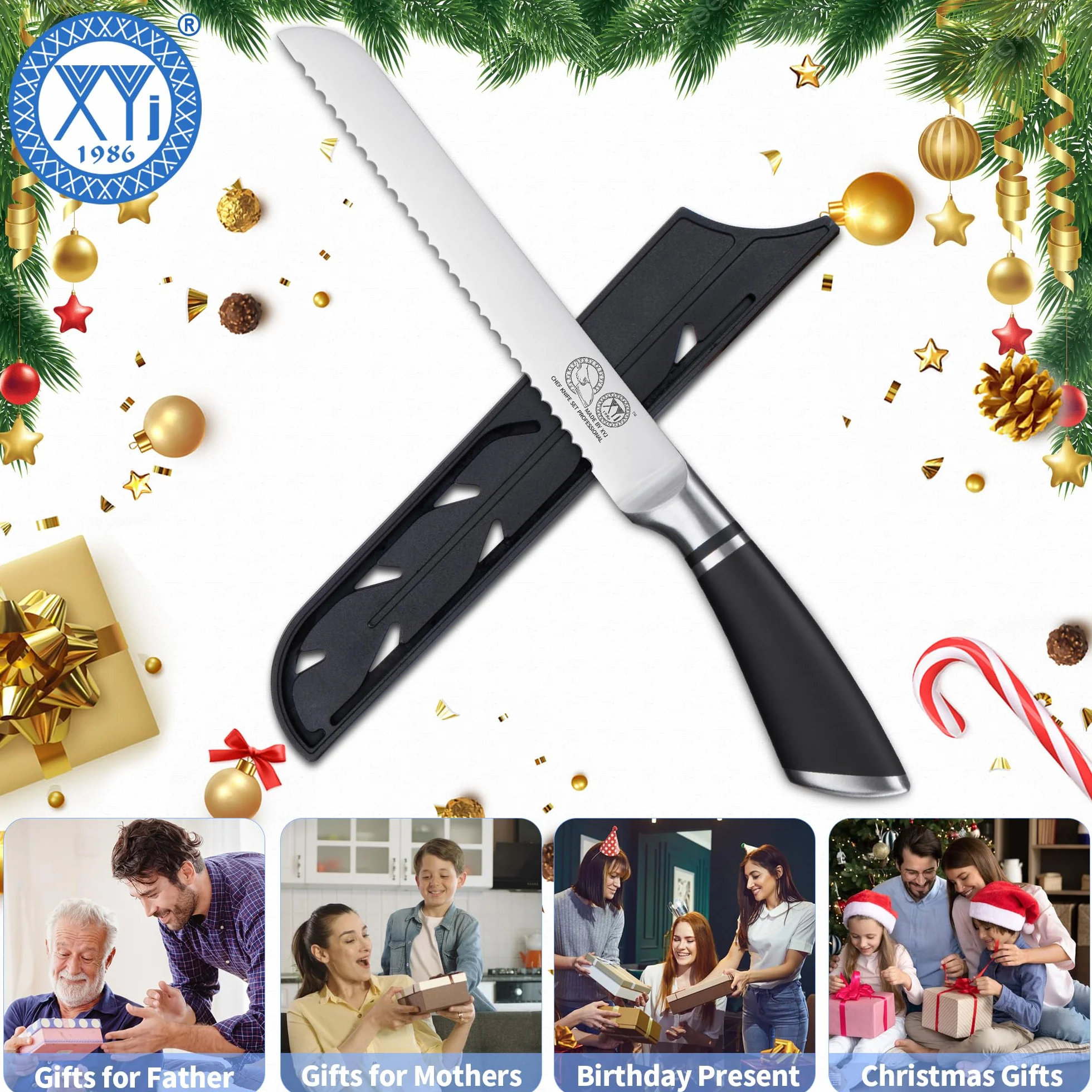 XYJ Authentic Since 1986, Serrated 8 Inch Stainless Steel Ultra Sharp Bread Knife, Ergonomic Handle, Kitchen Knife with Sheath