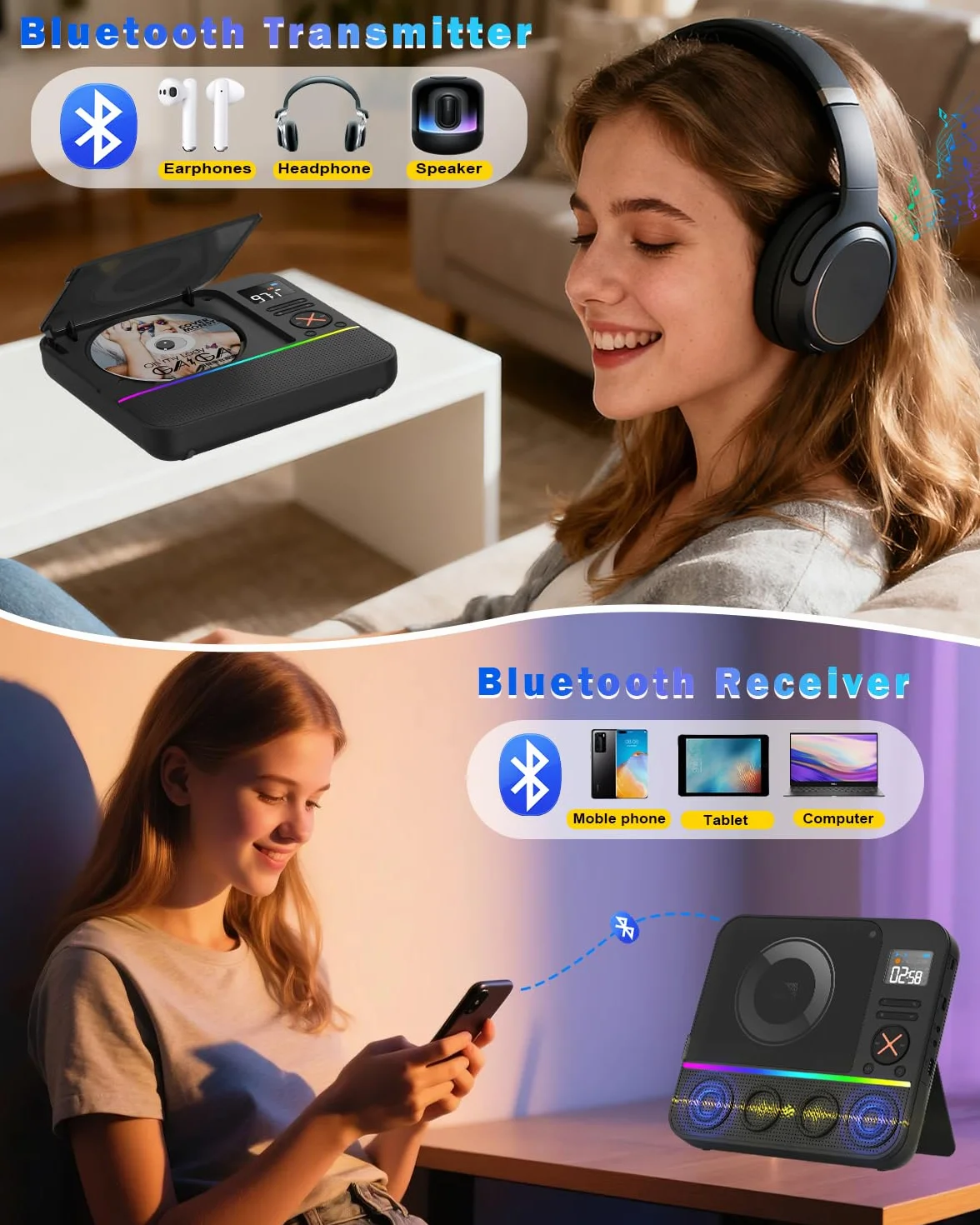 Przenośny odtwarzacz CD Bluetooth, Boombox, stacjonarny odtwarzacz CD z radiem FM Bluetooth i wyświetlaczem LED RGB z podwójnym wbudowanym głośnikiem, kompatybilny z USB/AUX do domowych przenośnych