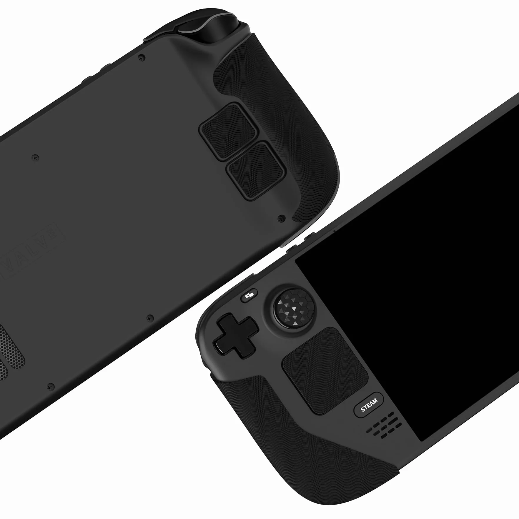 PlayVital Miękkie Gumowe Podkładki Pod Rękojeści do Steam Deck LCD,Naklejki Ochronne Gładziki Skin Grip Enhancement Back Button do Steam Deck OLED z Nakładkami Kciuki-Czarny(Fala Wodna Textured)