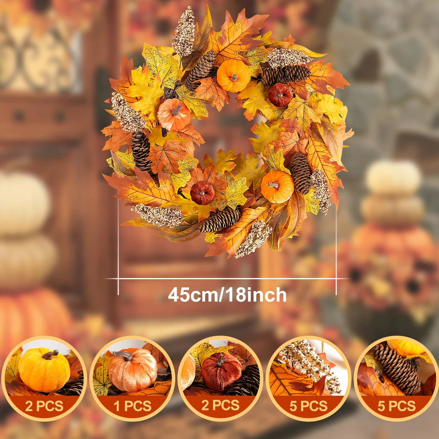 Jesienny wieniec drzwi wejściowych 45 cm dekoracja Halloween dynia
