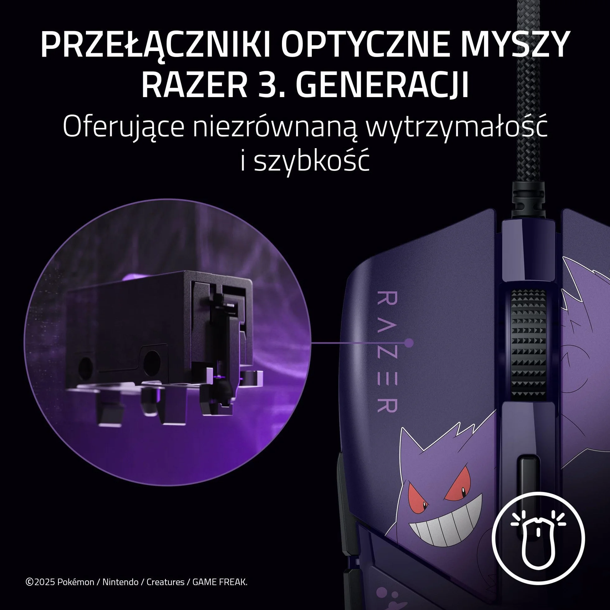 Razer Cobra Gengar Edition Przewodowa Mysz Do Gier 8500 DPI 58 g Przełączniki Optyczne Podświetlenie Chroma Kabel Speedflex PC/MAC Pokémon