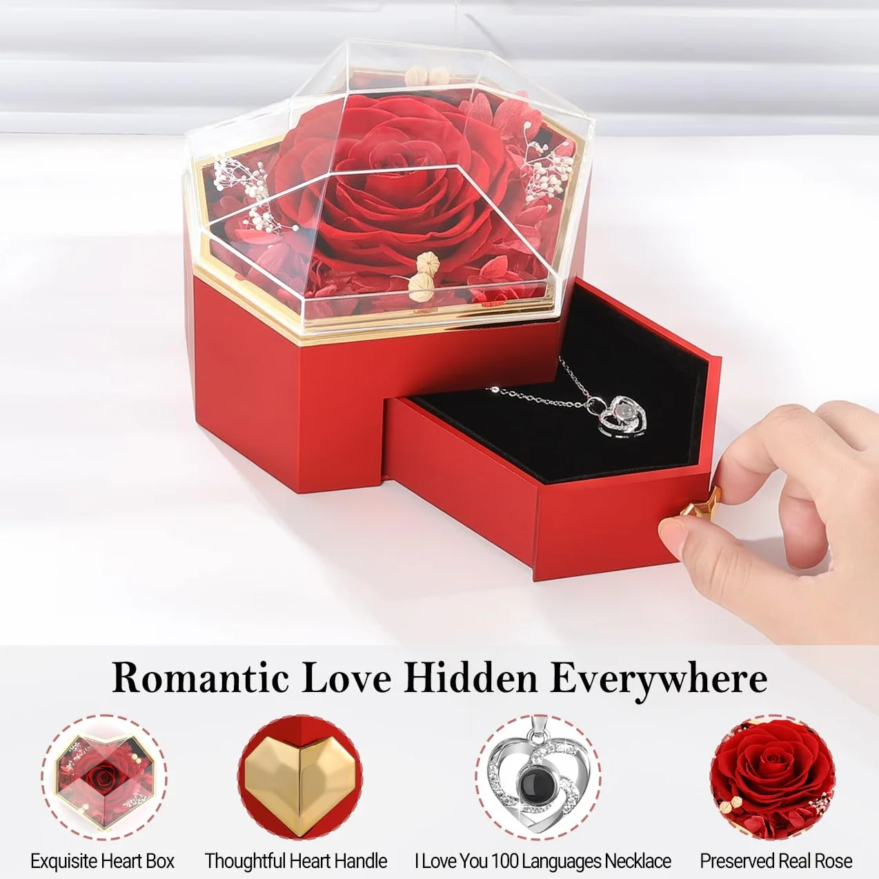 Emibele Preserved Real Rose with Heart Necklace, Eternal Flowers Rose Box with I Love You Necklace 100 Languages, Preserved Rose Jewelry Gift for Mom Women Her Wife Mother Valentine Day Grandma, Red