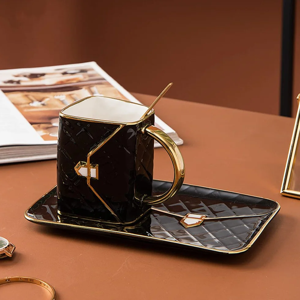 MVSR Zestaw Filiżanek do Herbaty i Spodków, Espresso, Kawy - Porcelanowa Ceramiczna Filiżanka z Łyżeczką, 310 ml (Czarny)