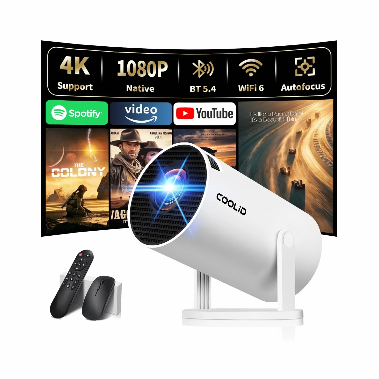 Mini projektor wideo 1080P z WiFi 6 BT 5.4, przenośny projektor 4K z telewizorem Android TV, obsługiwany projektor wideo do automatycznej korekcji trapezowej, obrót o 270°, z myszą, biały