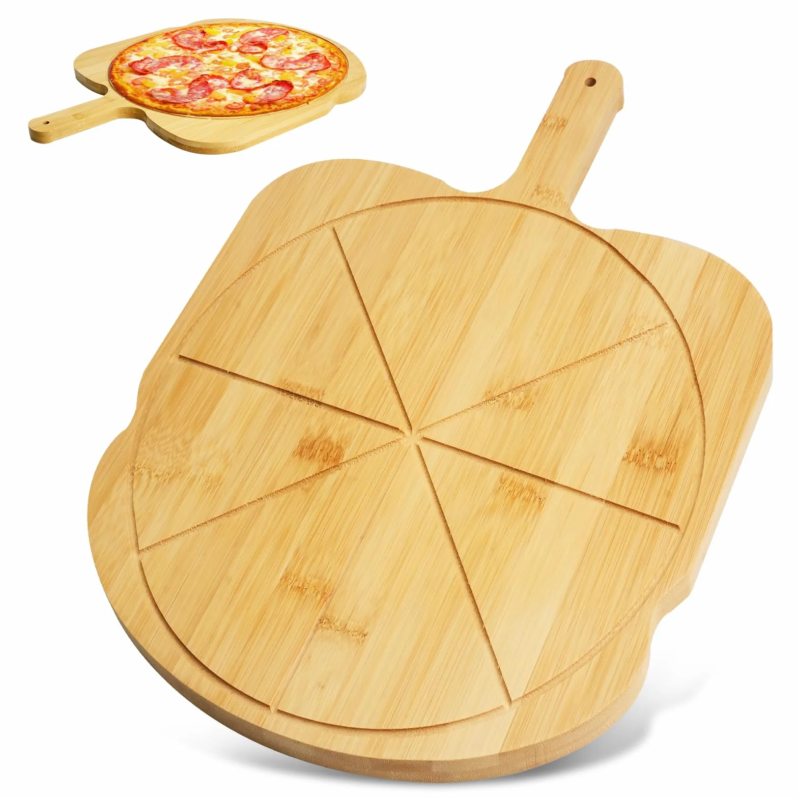 Drewniana łopatka do pizzy, deska do pizzy z bambusa, z uchwytem, nieprzywierająca deska do krojenia z prowadnicą rozmiarów, taca do serwowania chleba, owoców, sera, ciasta, mięsa (43 x 33 cm)