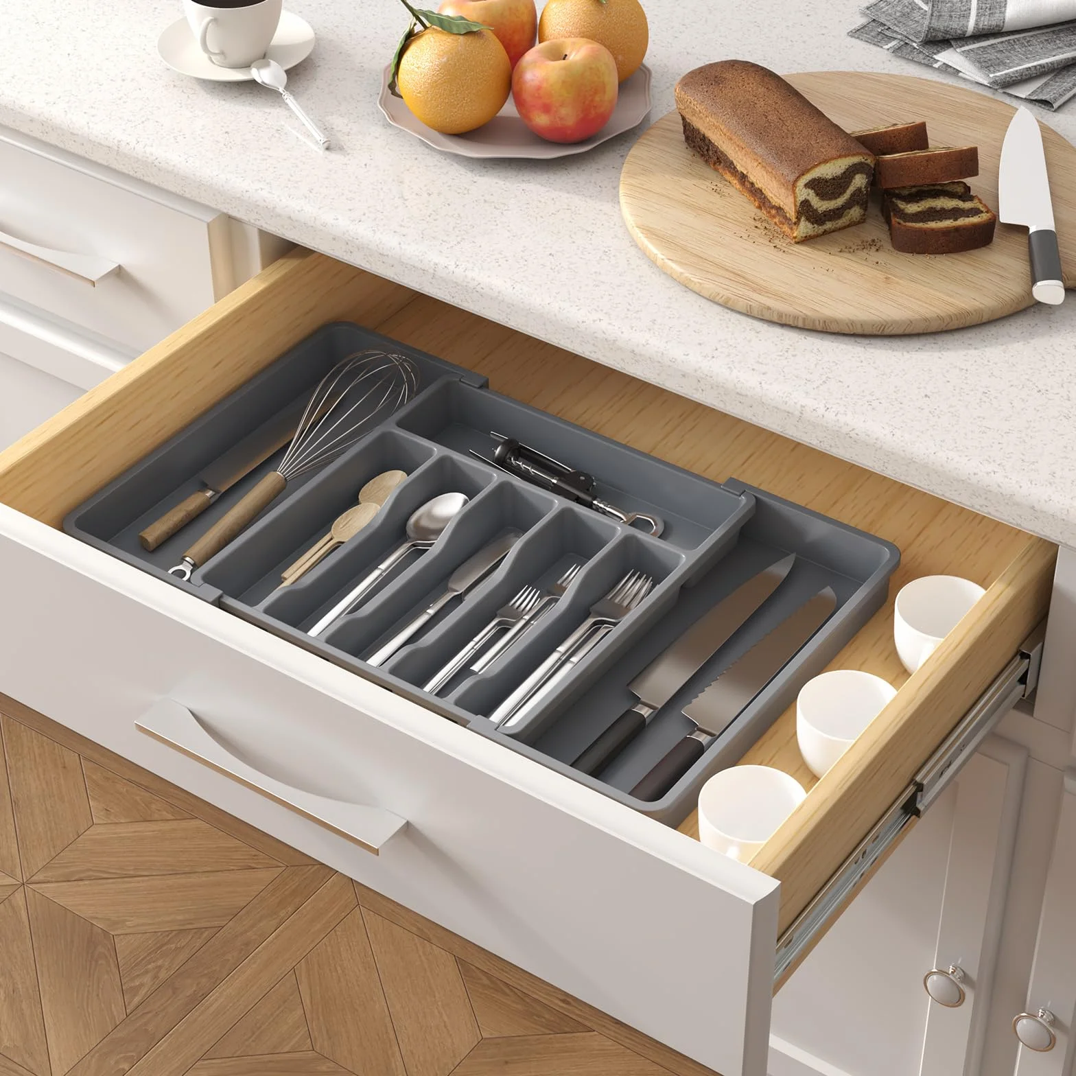 Lifewit Silverware Organizer, Rozszerzalna Taca na Przybory do Szuflady, Regulowany Uchwyt na Sztućce, Kompaktowa Plastikowa Szuflada do Przechowywania Łyżek, Widelce, Noże, Duża, Ciemnoszary