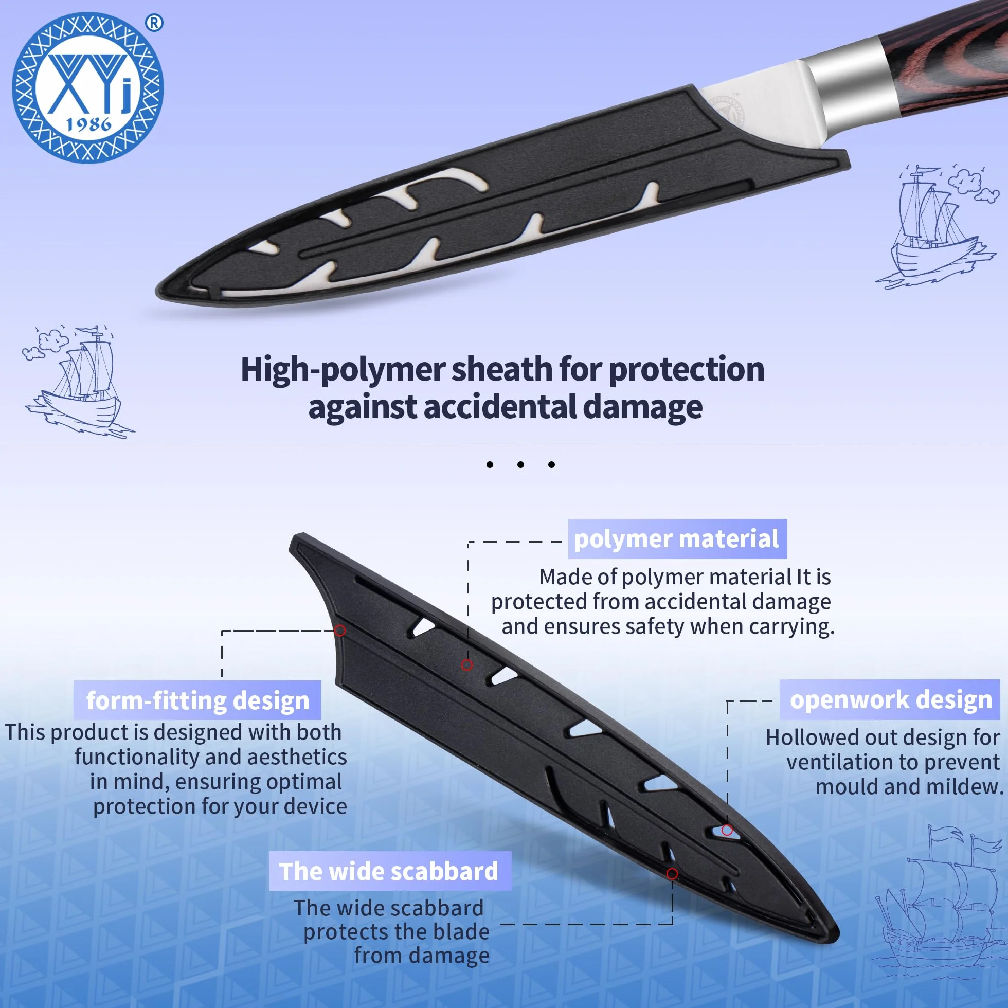 XYJ Authentic Since 1986,5 Inch Kitchen Knife, Stainless Steel Japanese Utility Knife, Meat Cleaver for Meat Cutting,Pakka Wood Handle,Plastic Edge Guard Protector,Chefs Knife
