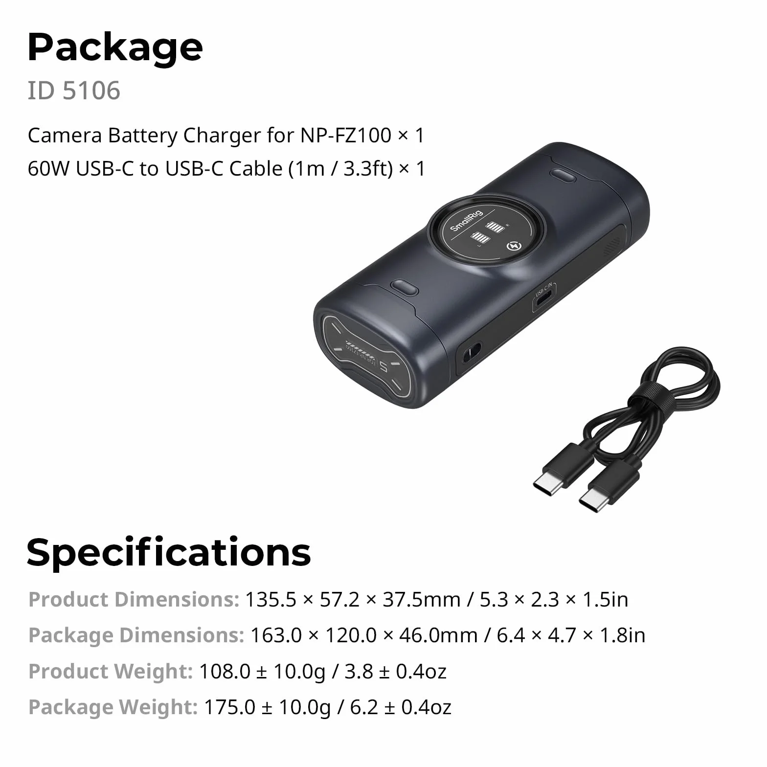 SMALLRIG Zestaw akumulatorów do aparatu NP-FZ100, wysokowydajne podwójne ładowanie, do Sony NP-FZ100 A7 IV, A7C R, A7C II, FX3, FX30, A7 III, A7C, A7R IV, A7R III, A6700, ZV-E1, ZV-E10 II - 5106