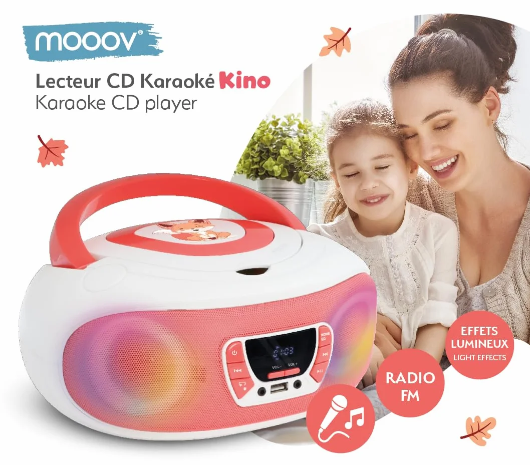 MOOOV 477409 Odtwarzacz CD Radio FM do karaoke z mikrofonem i efektami świetlnymi - funkcja bezprzewodowa BT