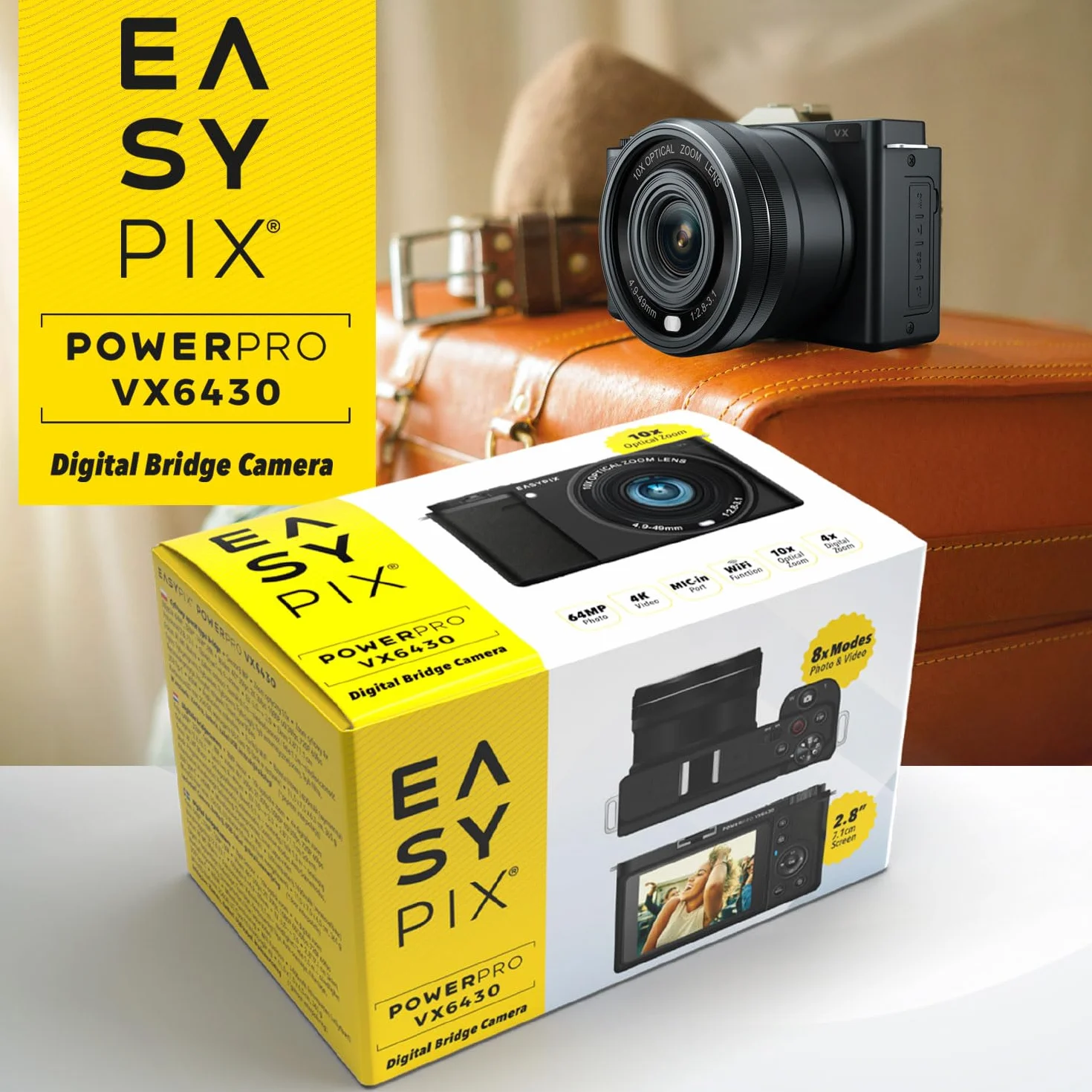 Easypix PowerPro VX6430, kompaktowa kamera systemowa z WiFi, 10 x zoom optyczny, rozdzielczość do 64 MP, wyświetlacz 2,8", złącze mikrofonowe