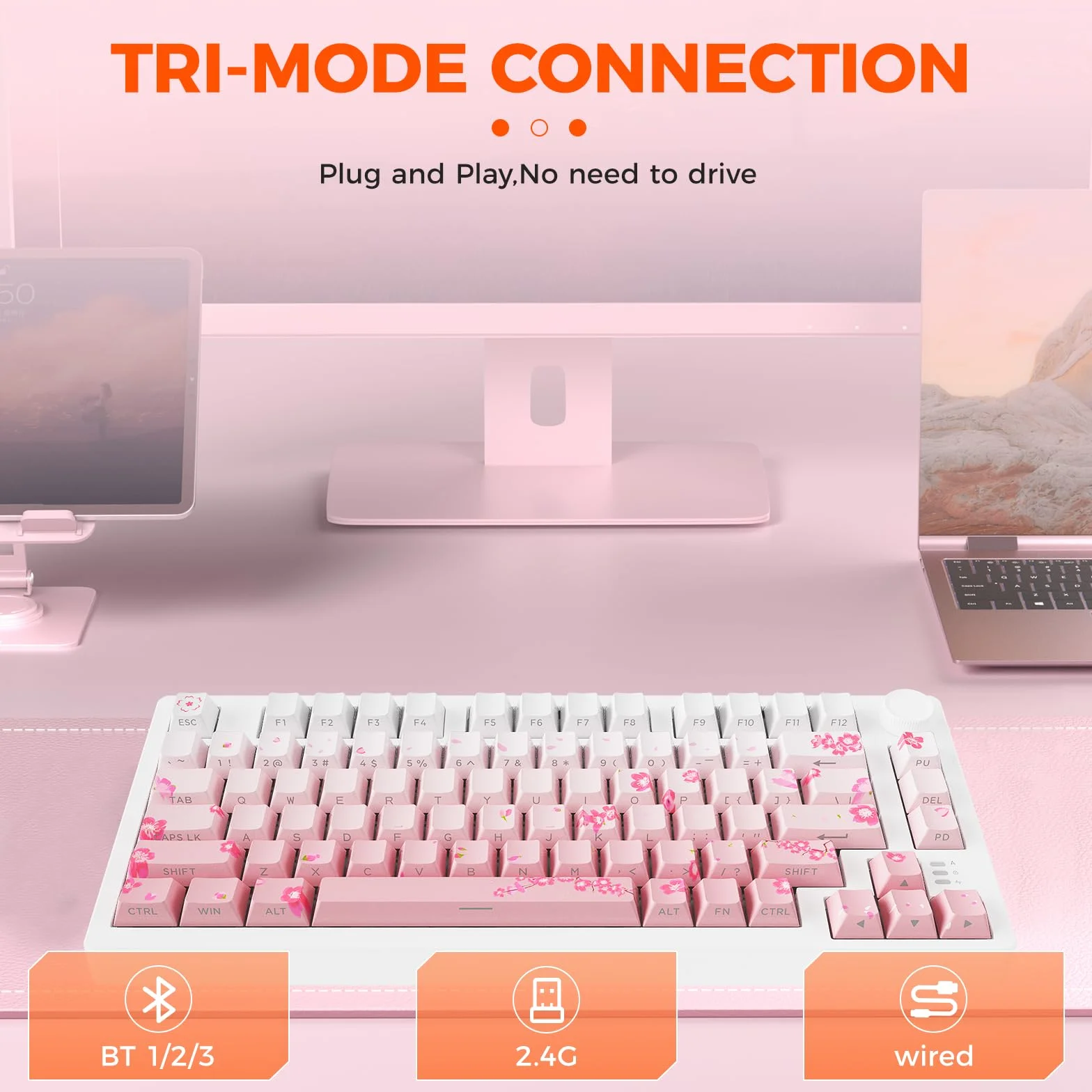 DAREU EK75PRO Różowa bezprzewodowa klawiatura mechaniczna, klawiatura gamingowa podświetleniem RGB, niestandardowa konstrukcja uszczelki, klawisze PBT z nadrukiem bocznym, 2,4 GHz/BT5.1, for Win/MAC