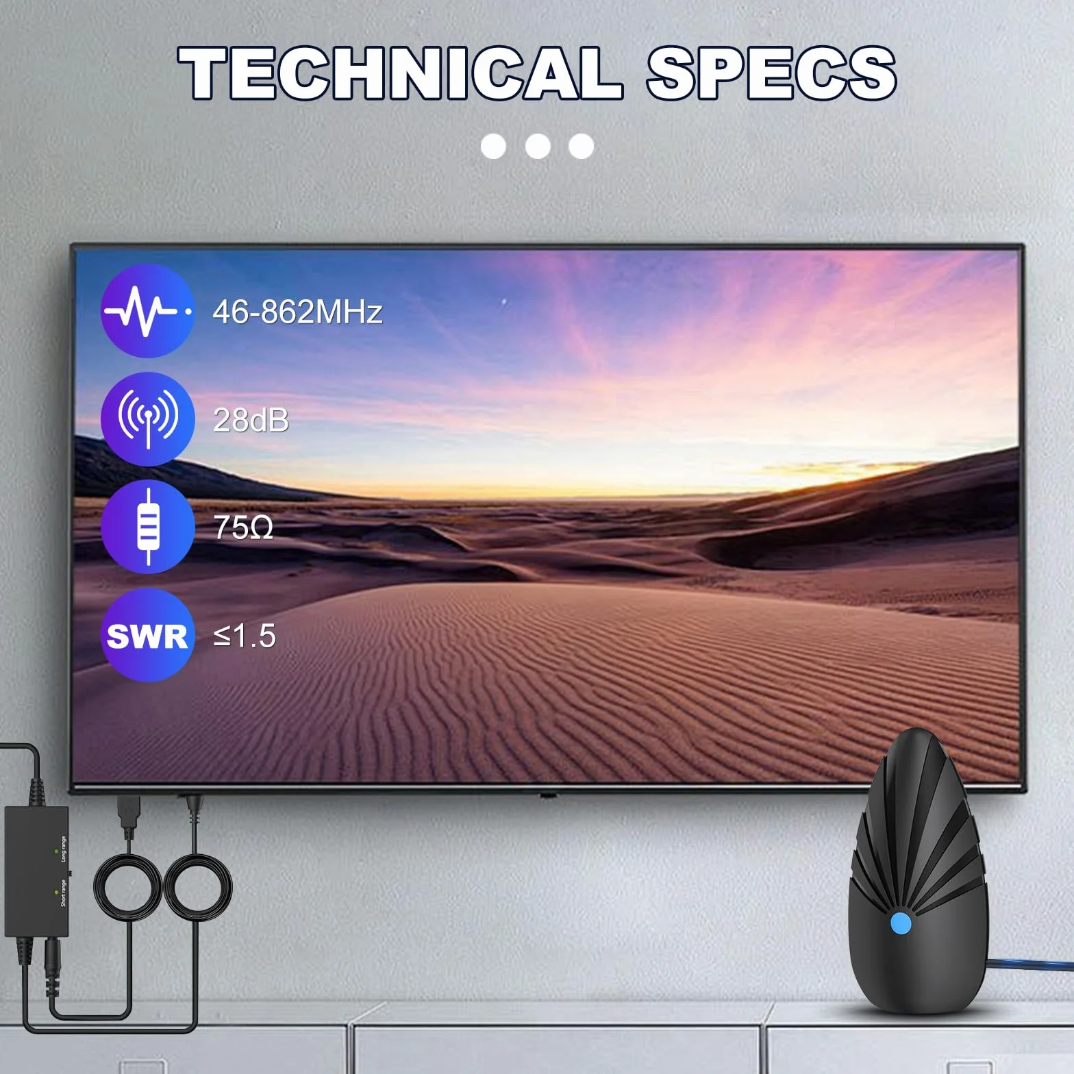 Antena DVB-T/DVB T2, antena DVBt2 z wewnętrznym wzmacniaczem (600+Km), antena TV 2025 ze wzmacniaczem sygnału, odpowiednia do 4K 1080p i wszystkich urządzeń TV, kabel koncentryczny o długości 10 m