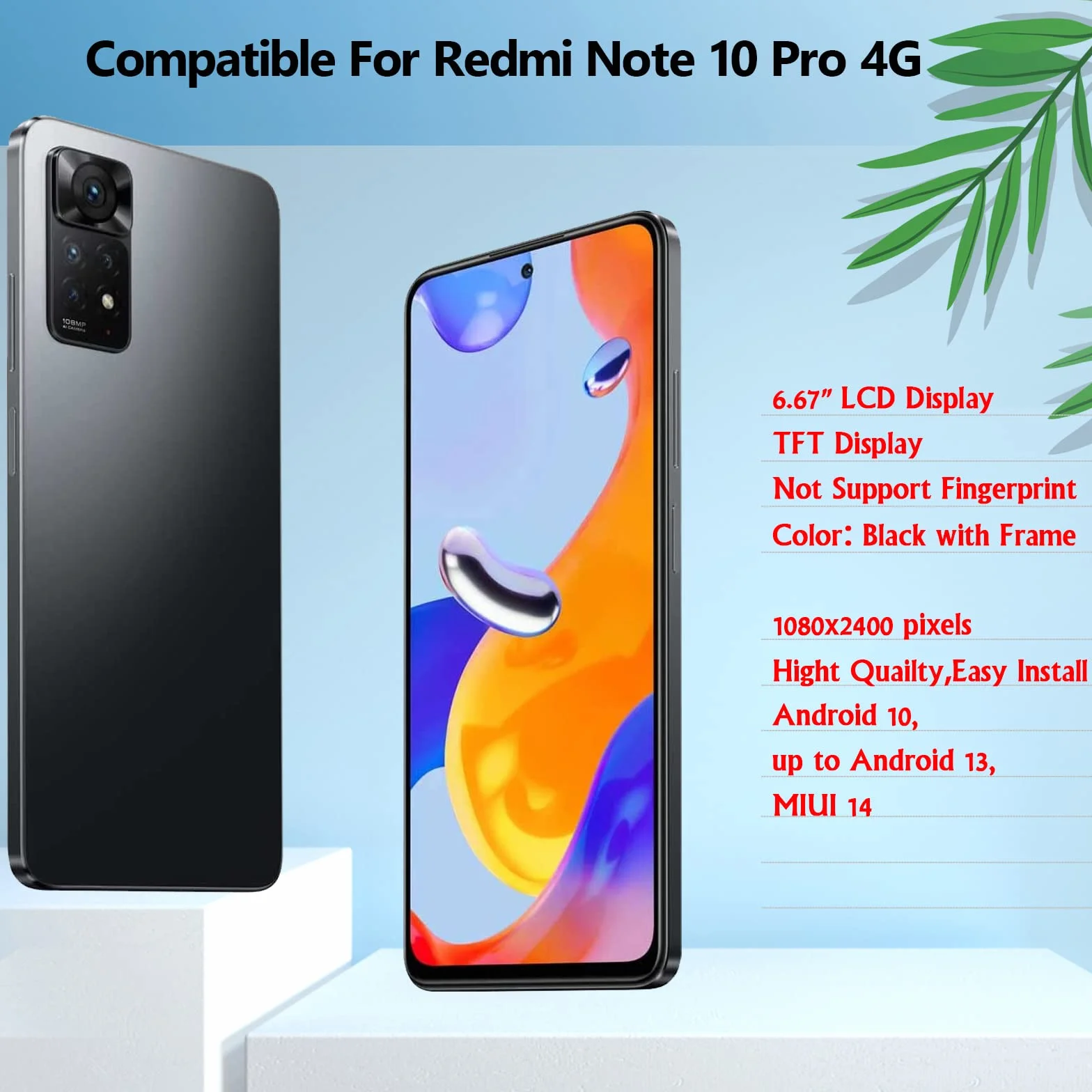 6,67 cala ekran dotykowy LCD dla Xiaomi Redmi Note 10 Pro 4G Kompletny ekran z czarną obudową + narzędzie instalacyjne + Redmi Note 10 Pro 4G szkło hartowane