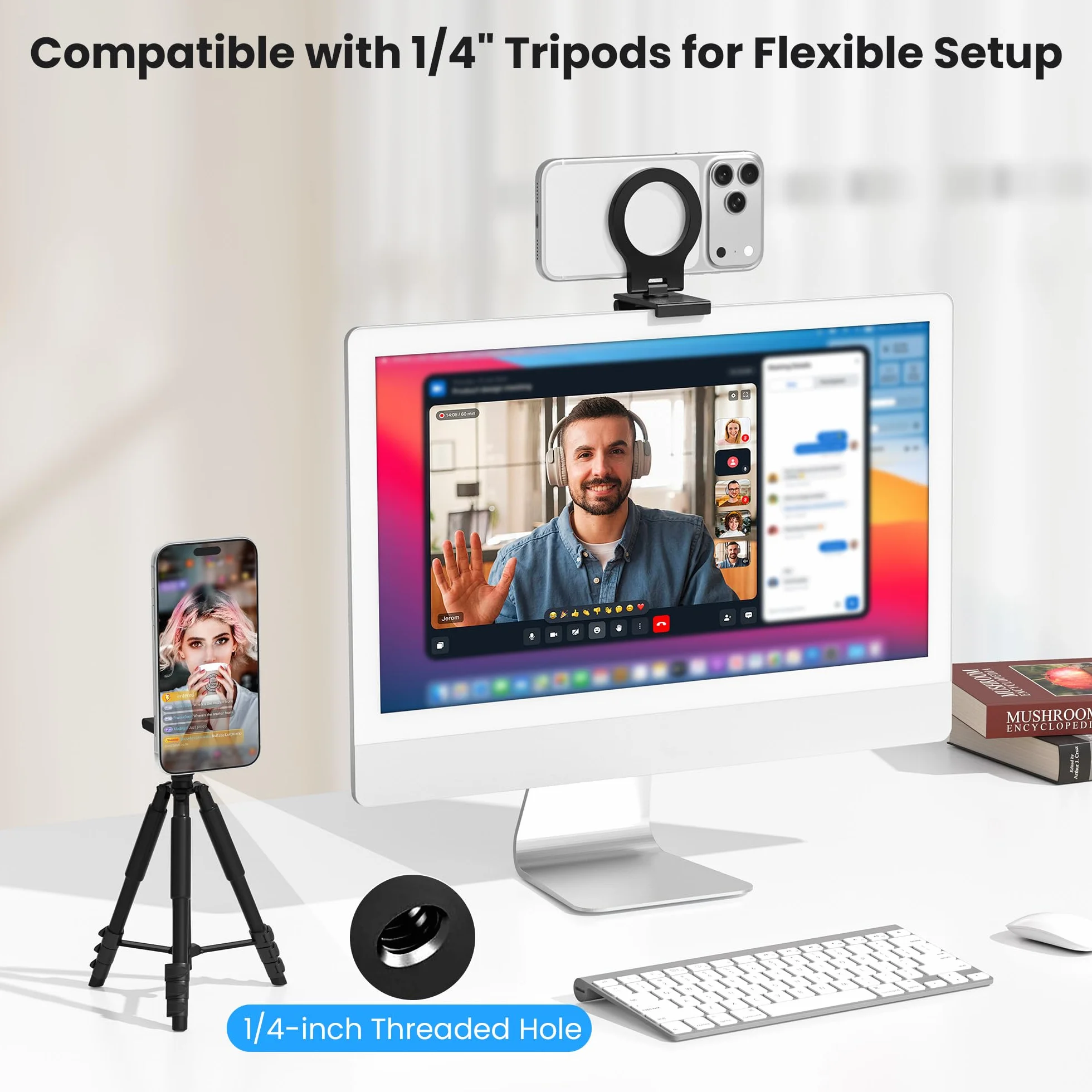 Itramax Uchwyt Continuity Camera Do Monitora,Składany Przenośny Uchwyt Webcam 360° Do Ekranu Biurkowego for MagSafe iPhone 17 Pro/15/14/13/12/11/XS,iOS 16,iMac I MacBook macOS Ventura,Laptop,Apple TV
