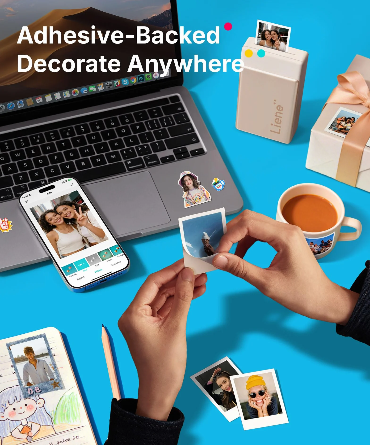Liene Pearl N200 Pro Przenośna mini drukarka do zdjęć z sublimacją barw – w zestawie 10 samoprzylepnych zdjęć (5x7,6 cm) & wstążka barwna, Bluetooth, 300 DPI, natychmiastowy wydruk zdjęć dla iPhone'a