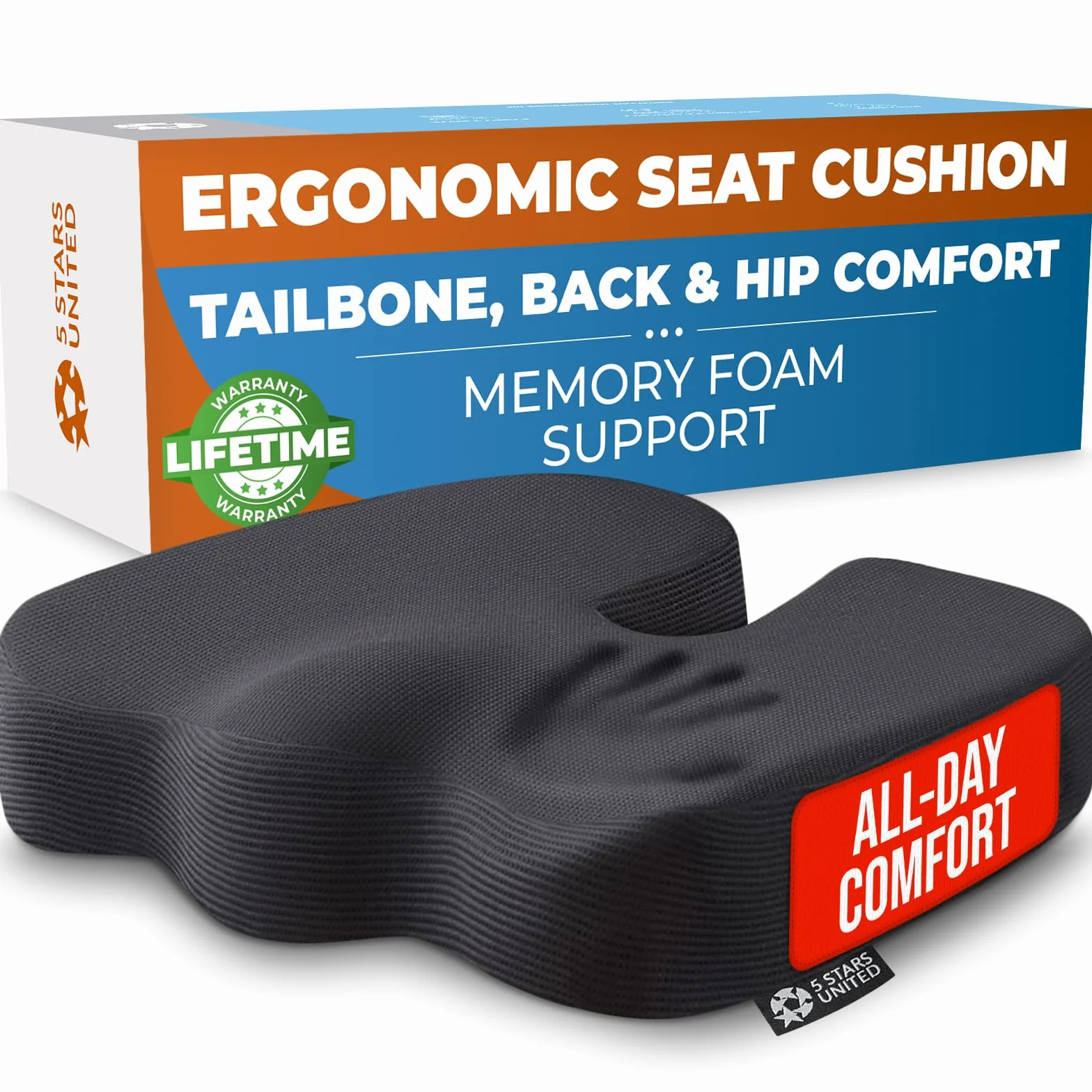 5 STARS UNITED Memory Foam Seat Cushion, ergonomic coccyx pad for office chair, sciatica & back pain relief, non-slip, portable, washable cover - black