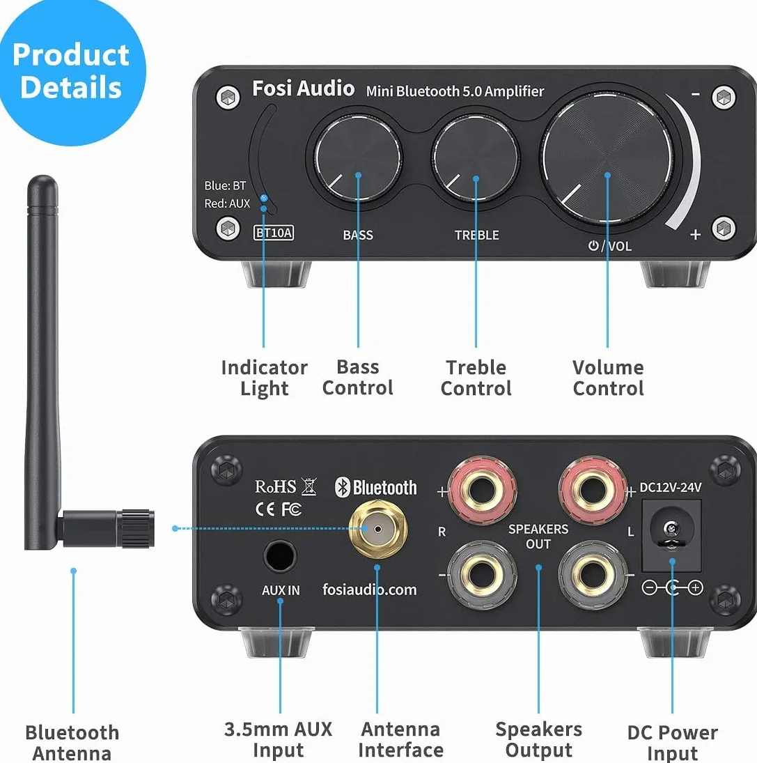 Fosi Audio BT10A Wzmacniacz Audio Bluetooth 5.0, 2-Kanałowy Wzmacniacz Stereo HiFi z Chipem TPA3116, Wzmacniacz Mocy HiFi Klasy D o Mocy 50W x2 z Regulacją Tonów Niskich i Wysokich do Kina Domowego