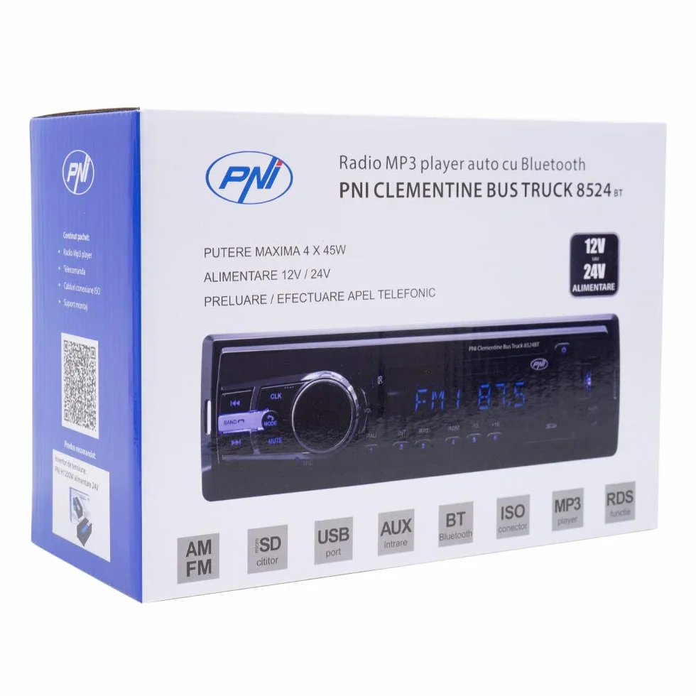 PNI Samochodowy Odtwarzacz MP3 z radiem 8524BT 4x45w 12V / 24V 1 DIN cu SD, USB, AUX, RCA SI Bluetooth 24 V