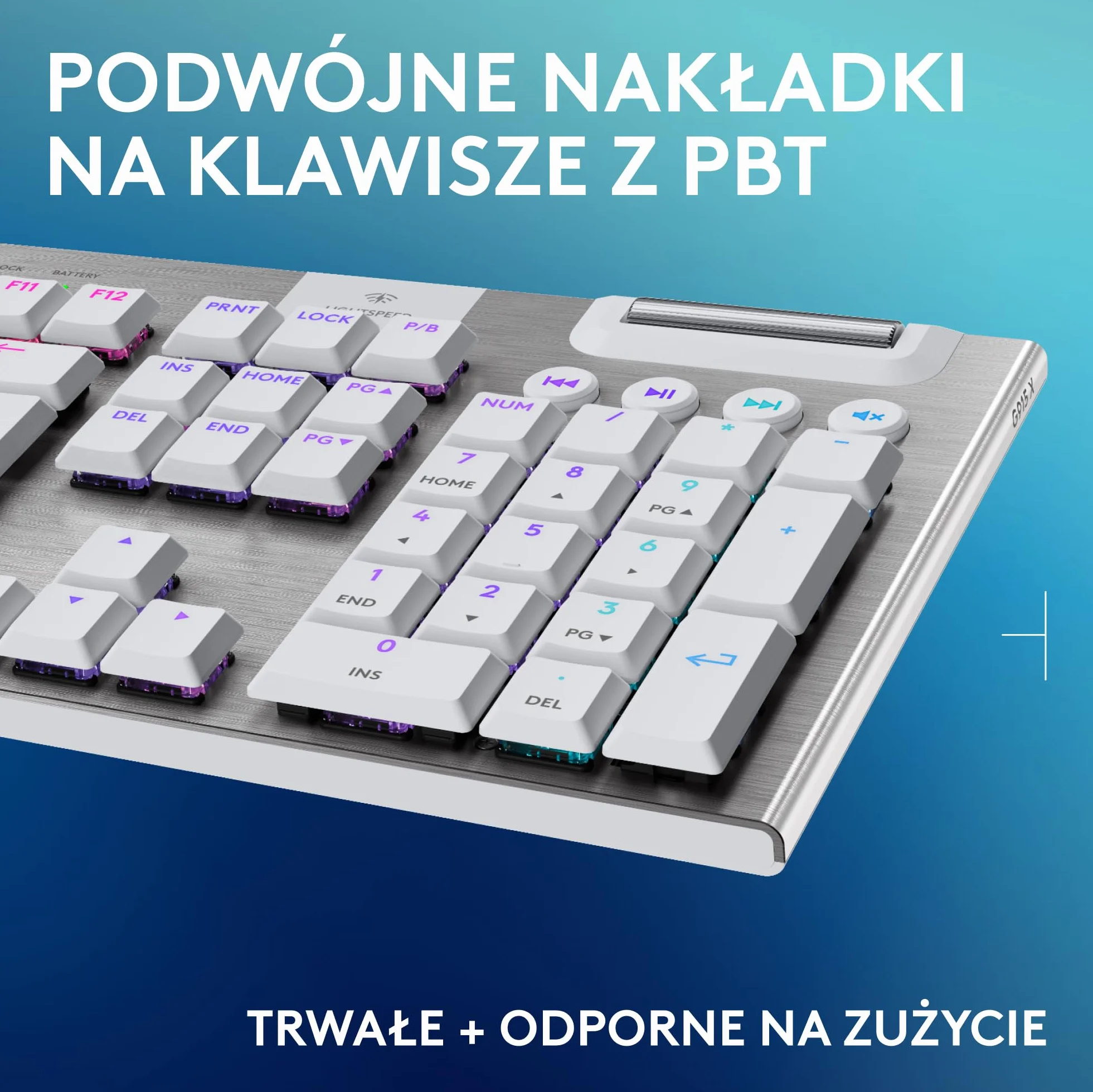 Logitech G G915 X Przeznaczona do gier bezprzewodowa klawiatura o płaskim profilu z technologią LIGHTSPEED, brązowe przełączniki sprężynujące GL Brown — PC/Mac, QWERTY układ US international - Biały