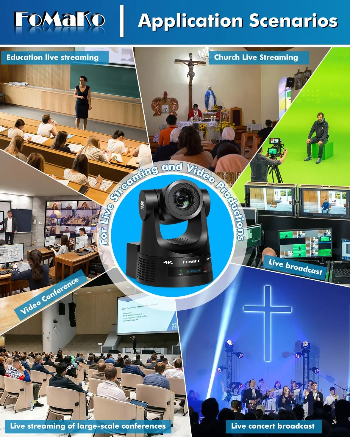 FoMaKo Kamera NDI PTZ 4K 60 kl./s, obsługuje wyjście NDI HX3 4K 60 kl./s, 20-krotny zoom optyczny, automatyczne śledzenie AI Gen 3, 3G-SDI/HDMI/NDI/USB/PoE, idealna do kultu kościoła i studia na żywo