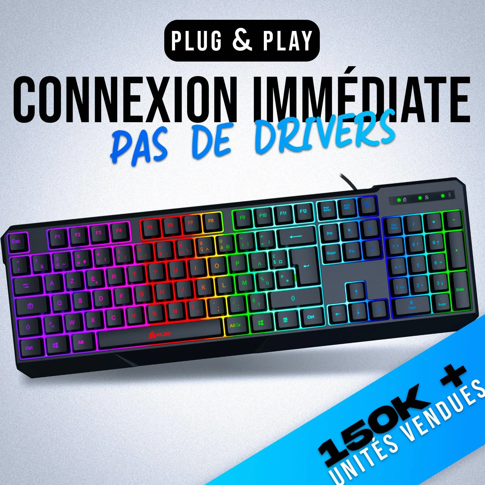 KLIM Chroma Gaming Keyboard AZERTY FRANCE Wired USB RGB Black PC PS4 Windows Mac