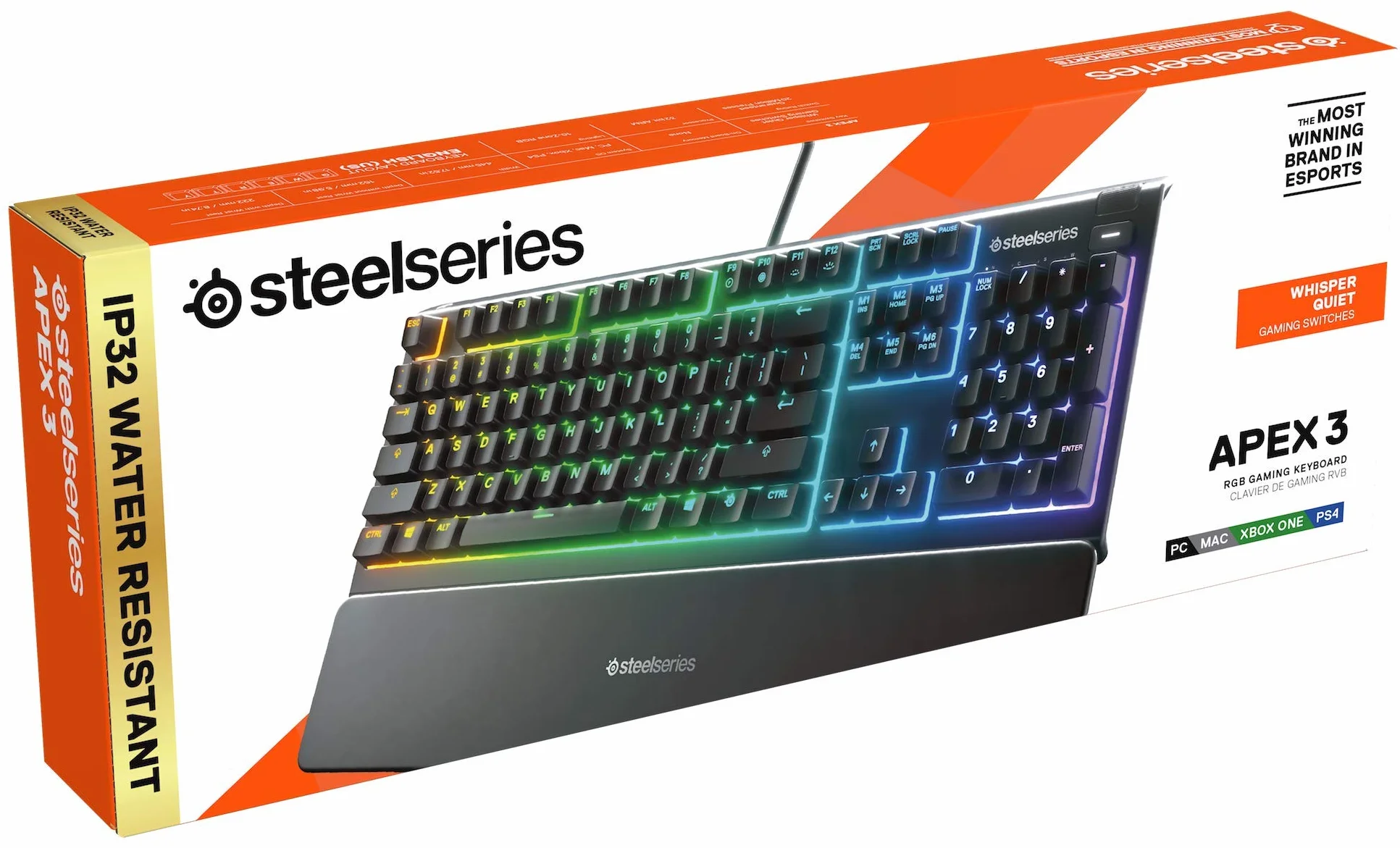 SteelSeries Apex 3 klawiatura do gier RGB 10-strefowe podświetlenie magnetyczna podpórka pod nadgarstki Premium amerykański układ QWERTY czarna