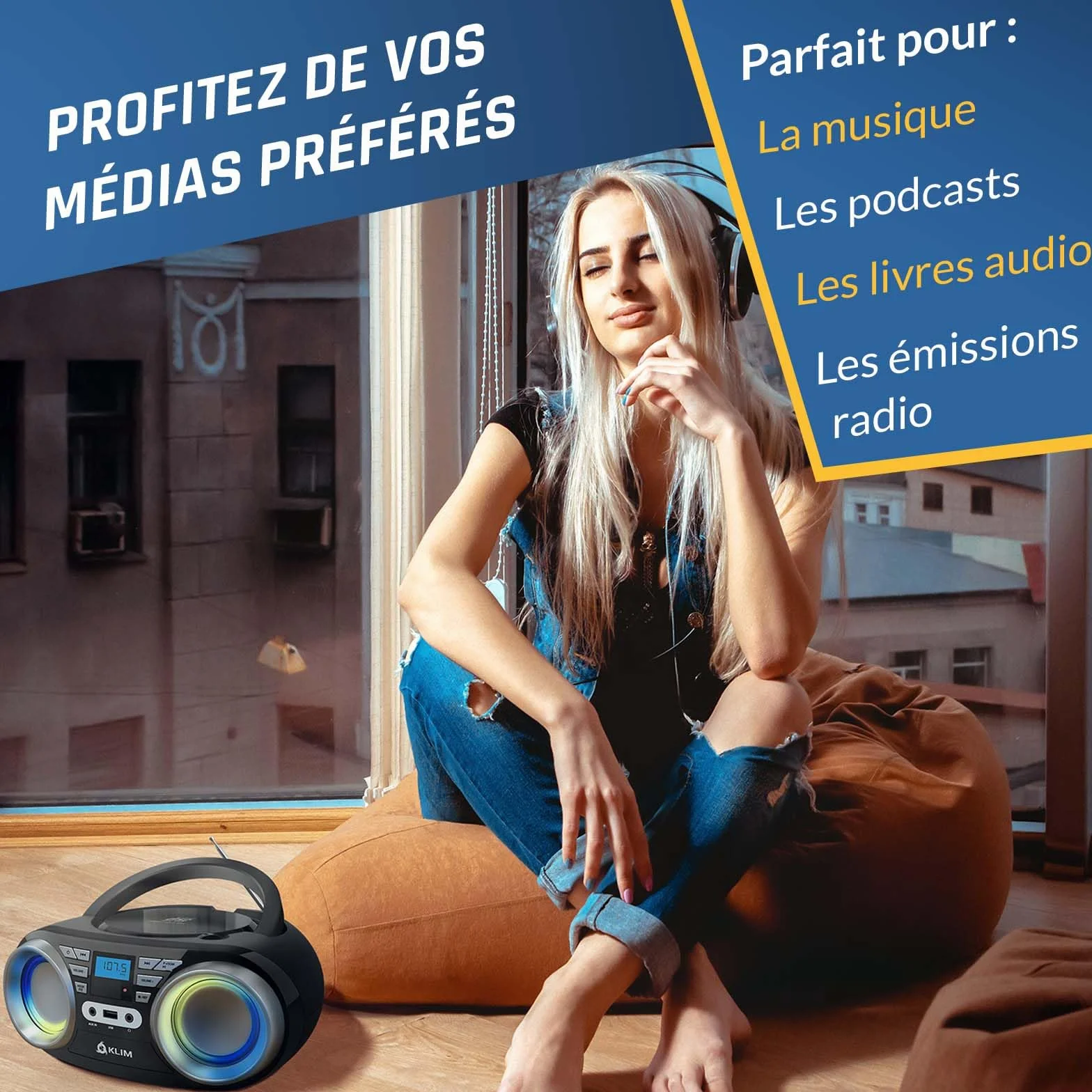 KLIM Boombox B3 + przenośny odtwarzacz CD + radio FM, CD, Bluetooth, USB, Bluetooth, MP3 + tryb przewodowy i bezprzewodowy z bateriami + ulepszona soczewka laserowa + NOWOŚĆ 2022