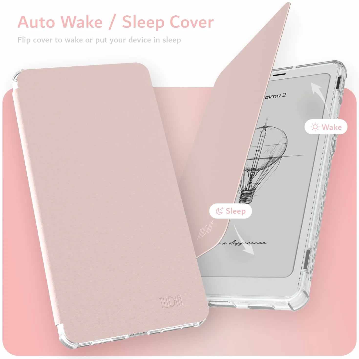 TUDIA SKN FLIP V2 Zaprojektowane dla Onyx Boox Palma 2 etui - [ulepszona technologia automatycznego budzenia/uśpienia] odporny na wstrząsy, smukły, przezroczysty tył TPU z teksturowaną skórą (różowy)
