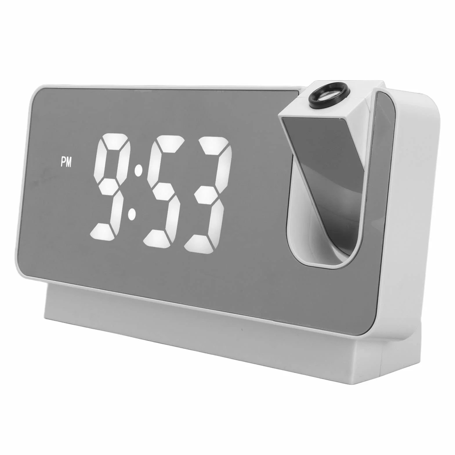 Budzik z projekcją LED do Sypialni, Cyfrowy Zegar z Obracanym o 180° Projektorem, Wyświetlanie Czasu, Daty, Temperatury, Projekcja na ścianie Sufitowej, Port ładowarki USB (Biały)