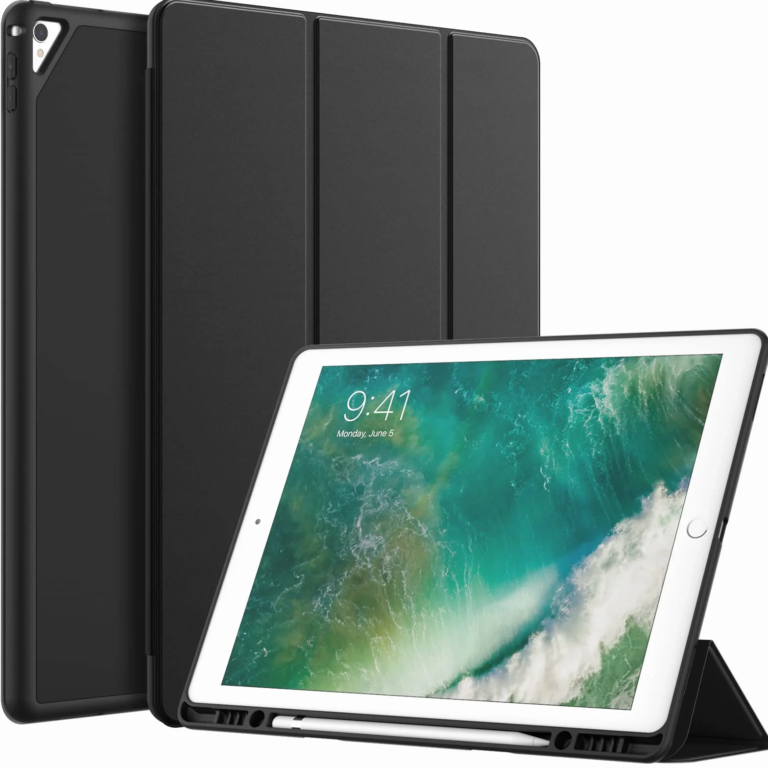 JETech Etui dla iPad Pro 12,9 Cala (Model 2015/2017, 1./2. Generacja) z Uchwytem na Długopis, Szczupły Pokrowiec na Tablet z Miękki Tył z TPU, Automatycznie Budzi/Spać (Czarny)