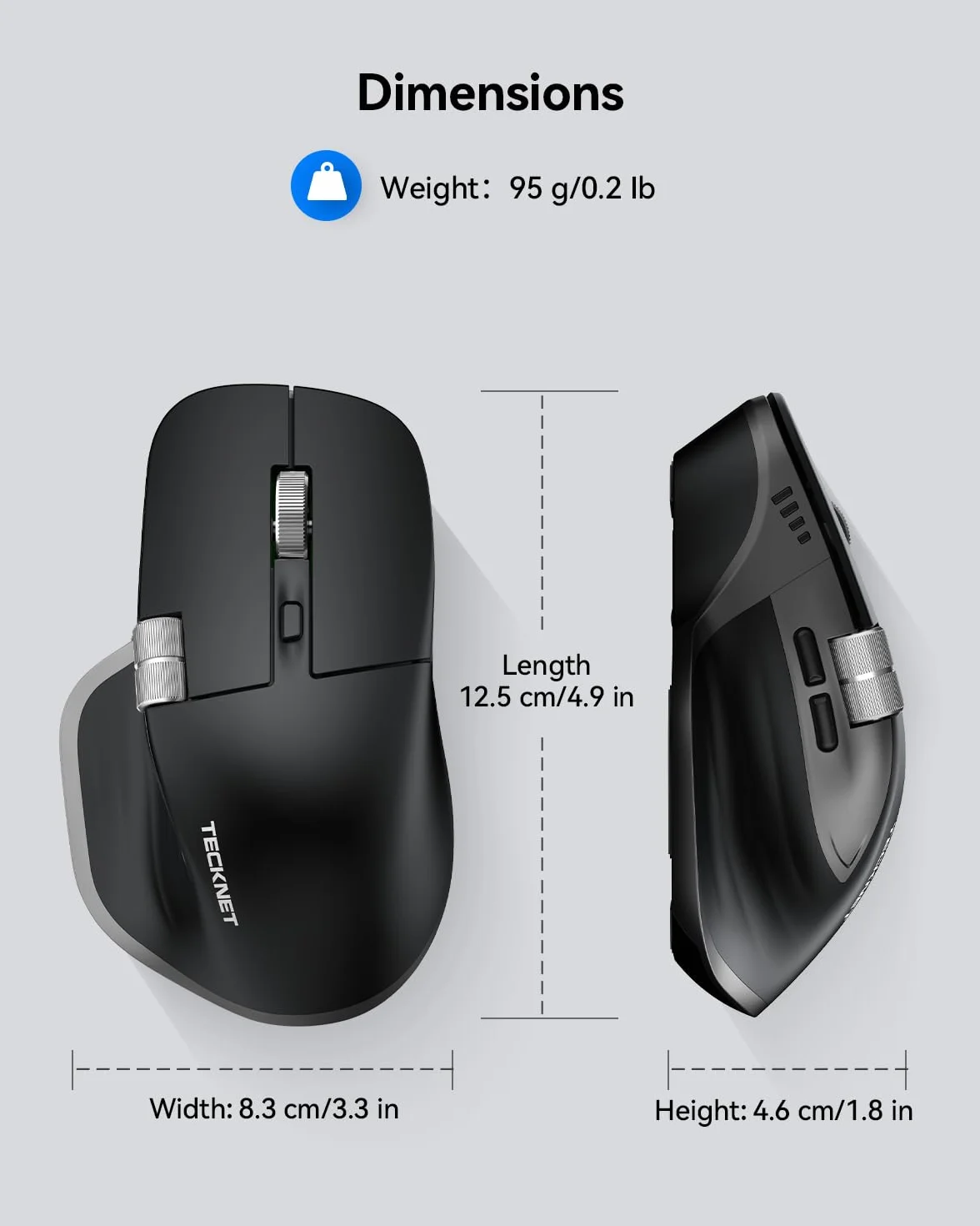 TECKNET Bezprzewodowa Mysz Bluetooth (BT 5.3/5.0+2,4G), Boczne Kółko Przewijania, Ładowalna Mysz Ergonomiczna, Ciche Klikanie, 4800 DPI, 7 Przycisków, dla Mac OS, Windows, Czarna