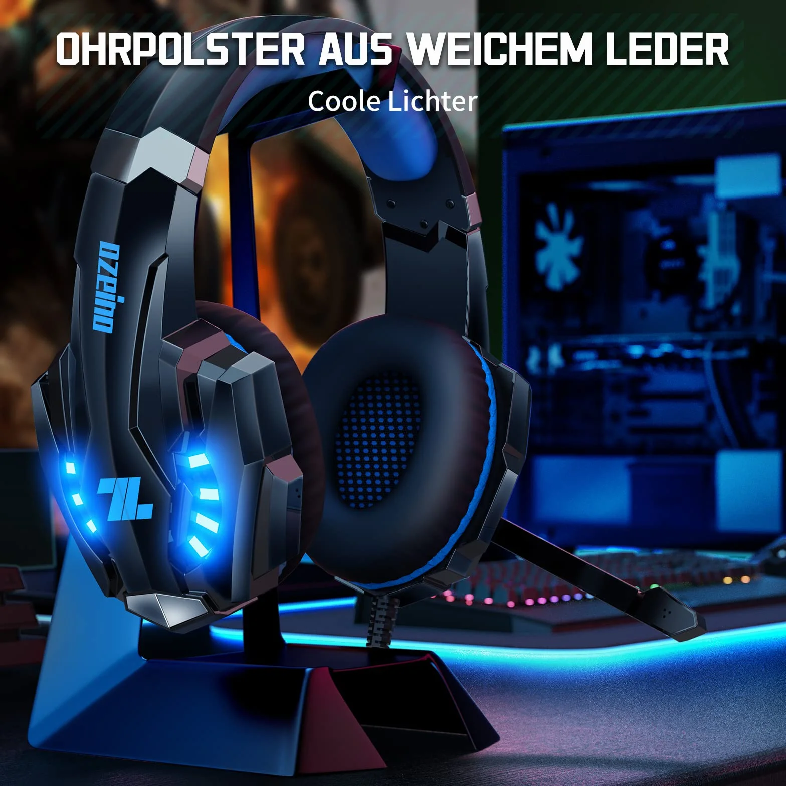 Ozeino Zestaw słuchawkowy gamingowy do PS4 PS5 3D Surround Sound Noise Cancelling, słuchawki z mikrofonem do PC Xbox One Switch z oświetleniem LED