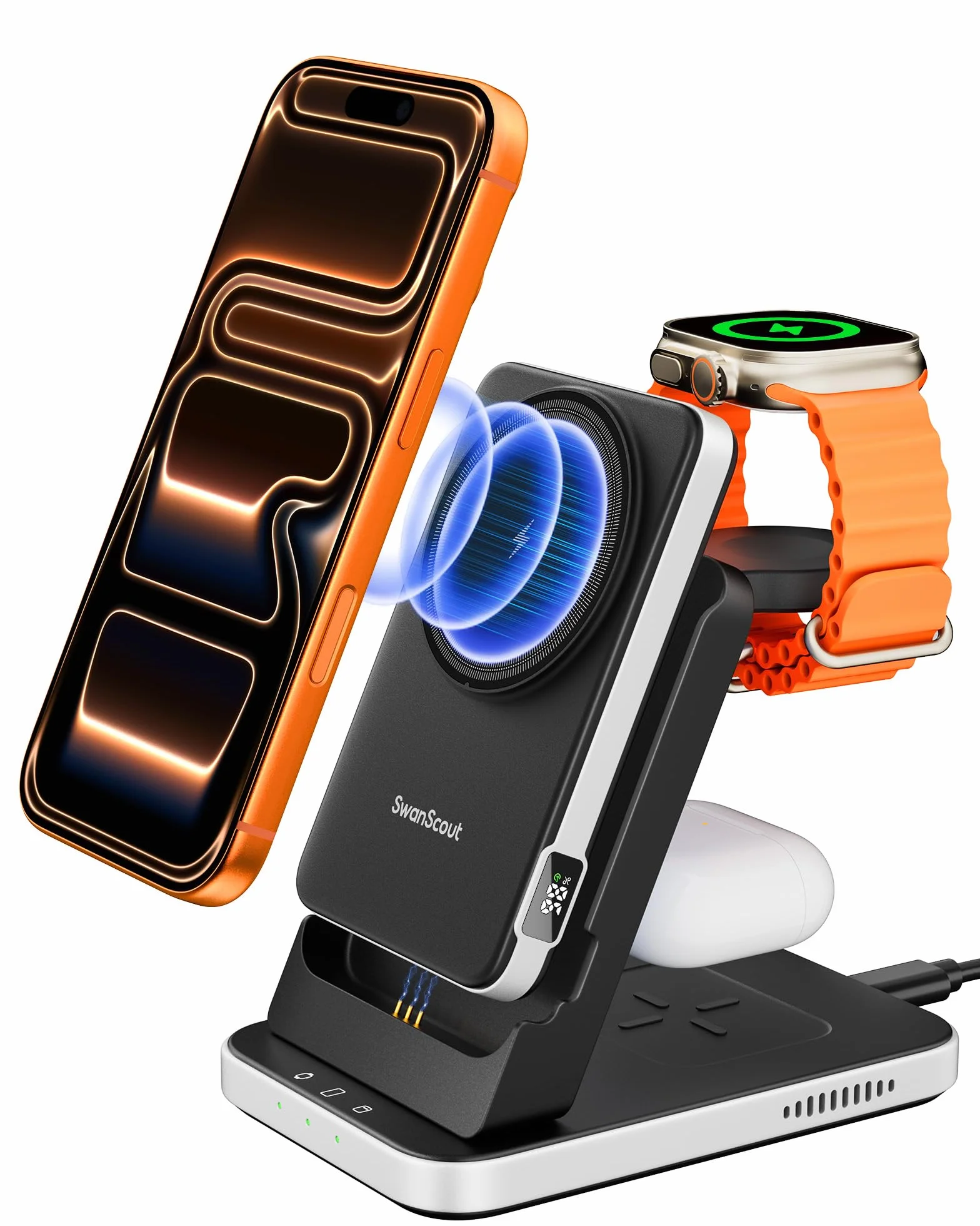 SwanScout Stacja ładująca do iPhone, 5000mAh Power Bank Kompatybilny z MagSafe, 3 w 1 Bezprzewodowa ładowarka do iPhone Air/17/16/15/14/13/12, Indukcyjna Wireless Charger dla Apple Watch/Airpods