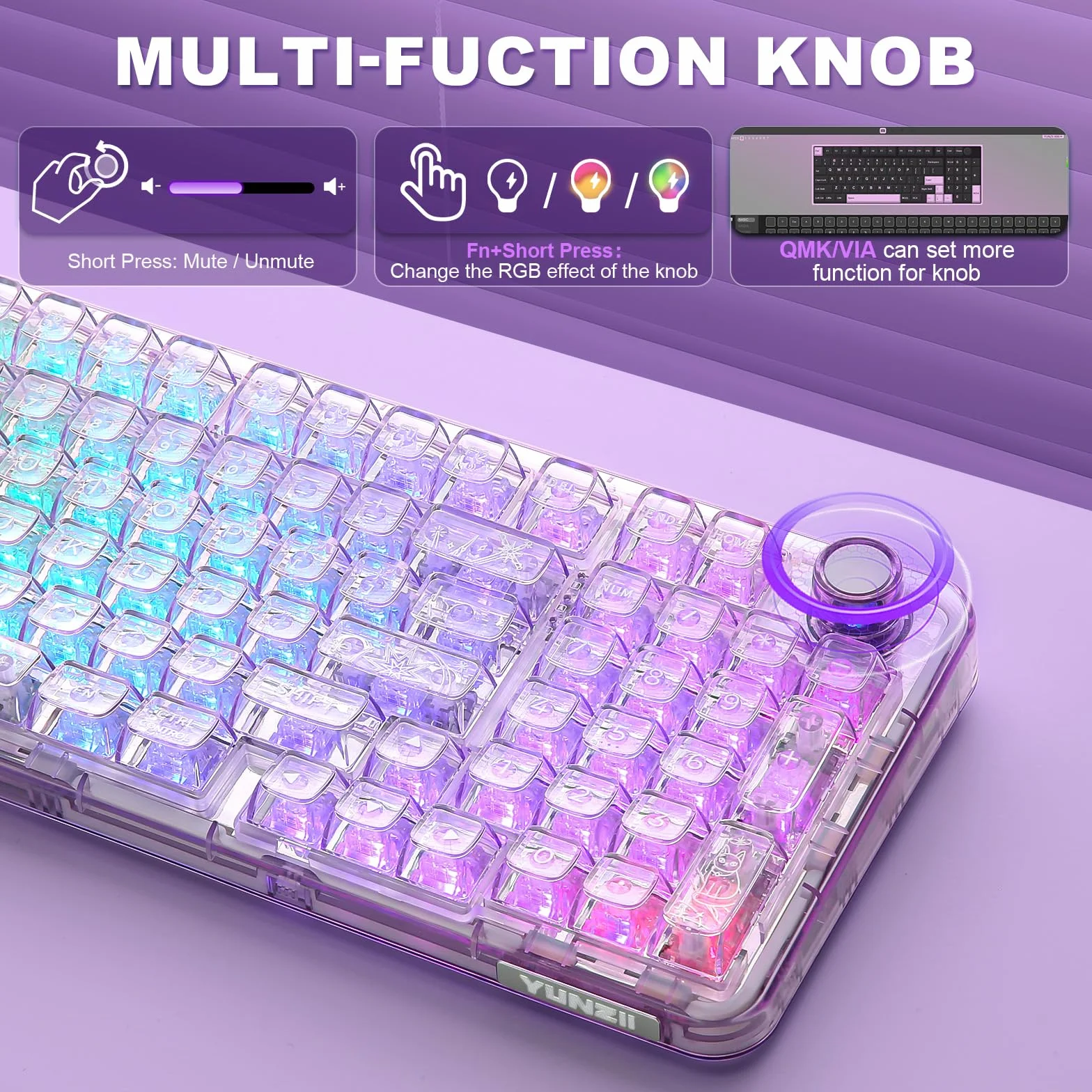 YUNZII X98 QMK/VIA Bezprzewodowa mechaniczna klawiatura do gier z pokrętłem, trójtrybowa BT5.0/USB-C/2,4 GHz, wstępnie nasmarowane przełączniki, mocowanie uszczelki (Fioletowy, Crystal Switch)