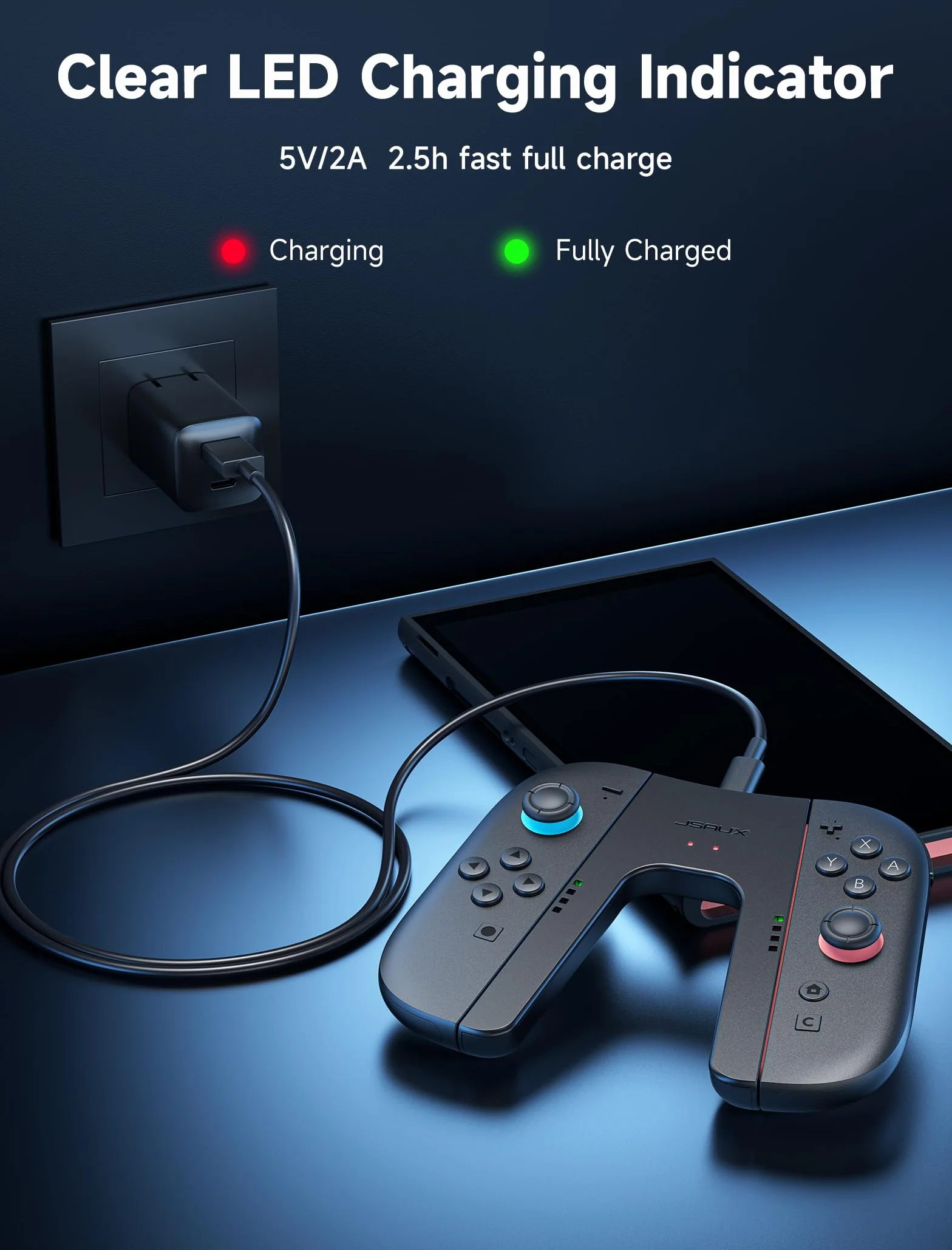 JSAUX Uchwyt ładujący do Switch 2, kontroler z magnetycznym uchwytem kompatybilny z JoyPad Switch 2, graj podczas ładowania ze wskaźnikiem LED i kablem ładującym 1,5 m – czarny
