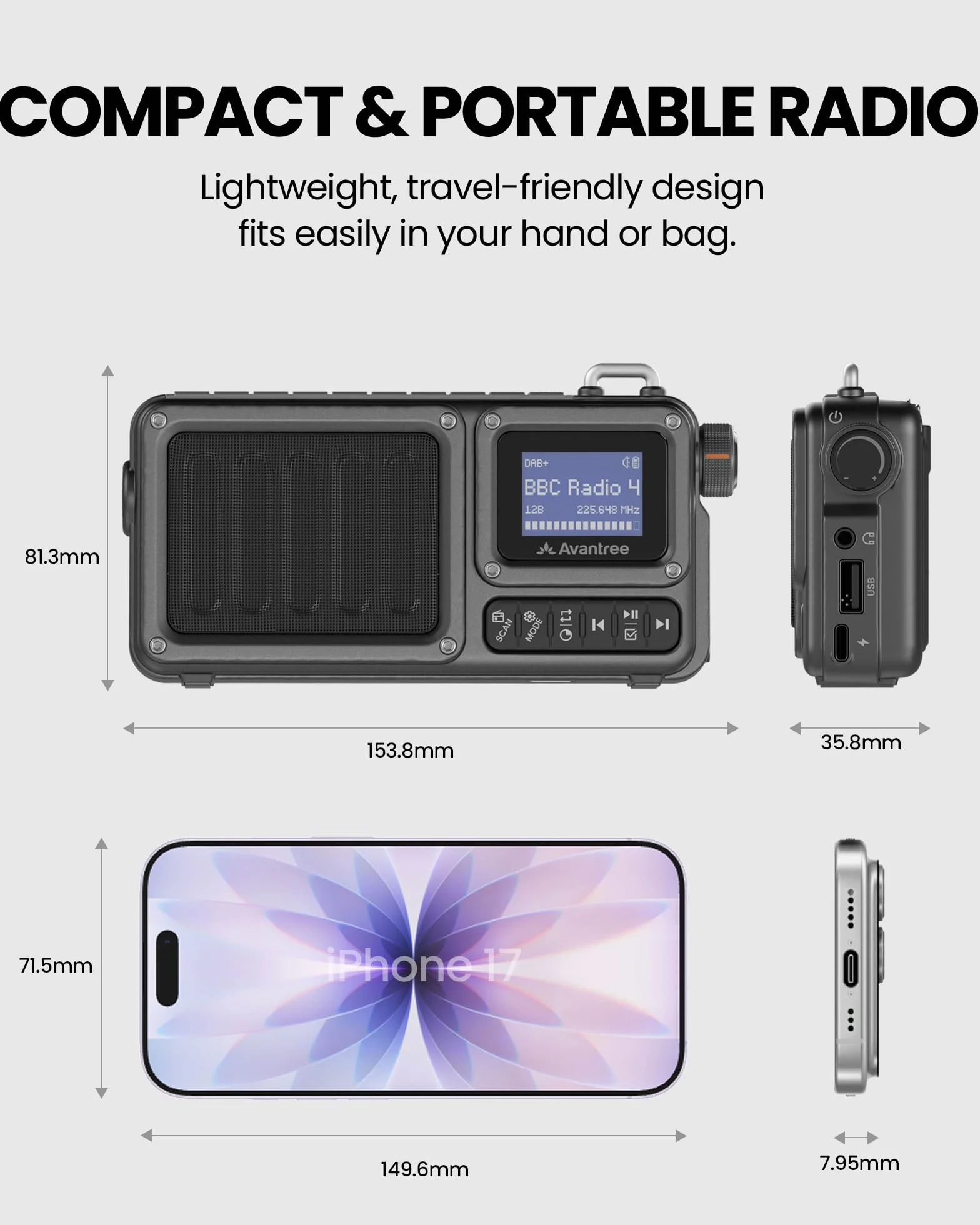 Avantree SP851 Przenośne radio DAB+/FM z Bluetooth 6.0, ładowalne lub zasilane sieciowo, z odtwarzaczem TF/USB