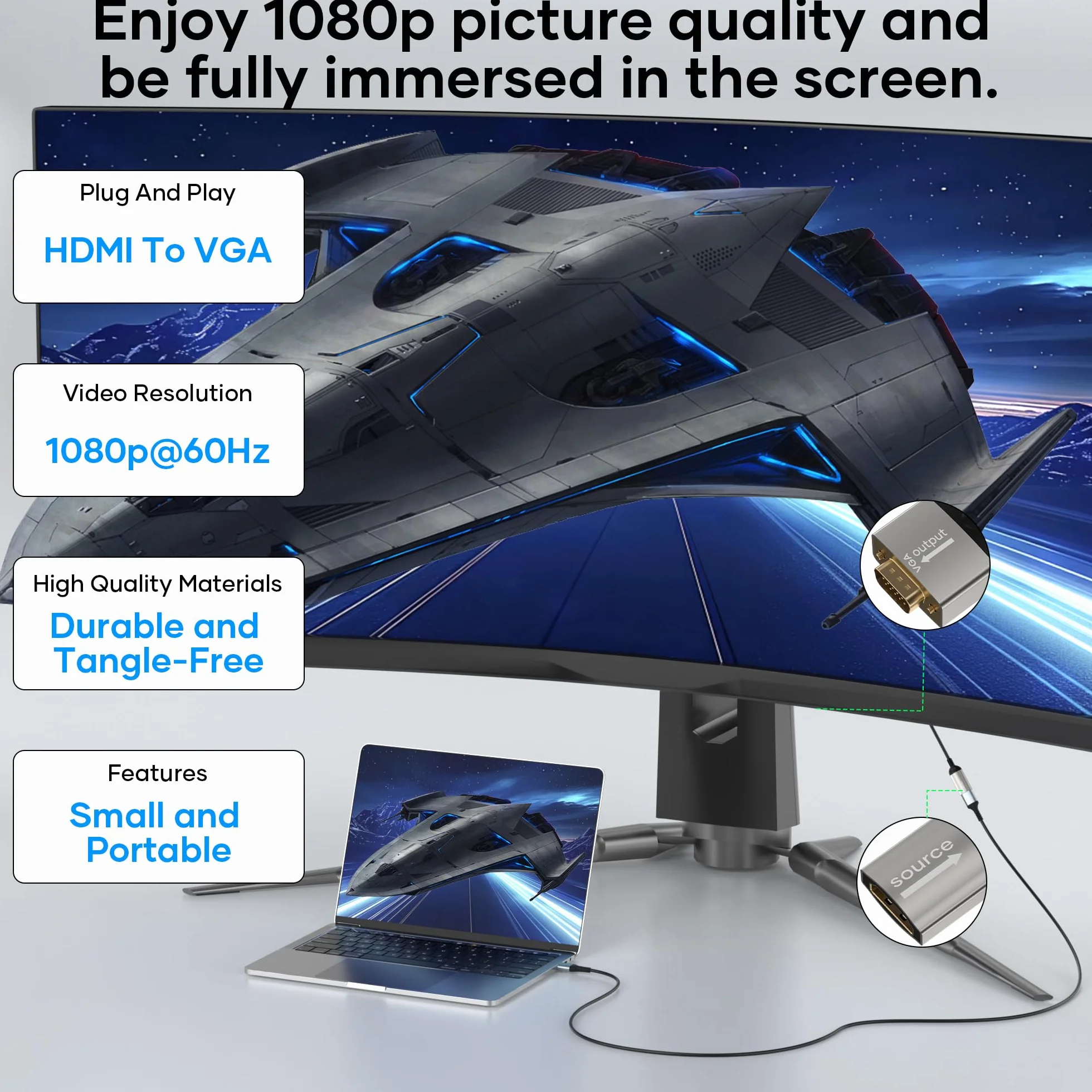 Adapter HDMI na VGA, adapter HDMI żeński na VGA, męski pleciony nylon 1080p, jednokierunkowy adapter HDMI do monitora VGA, do laptopa, komputera, TV Sticka, HDTV, odtwarzacza DVD, monitora, projektora