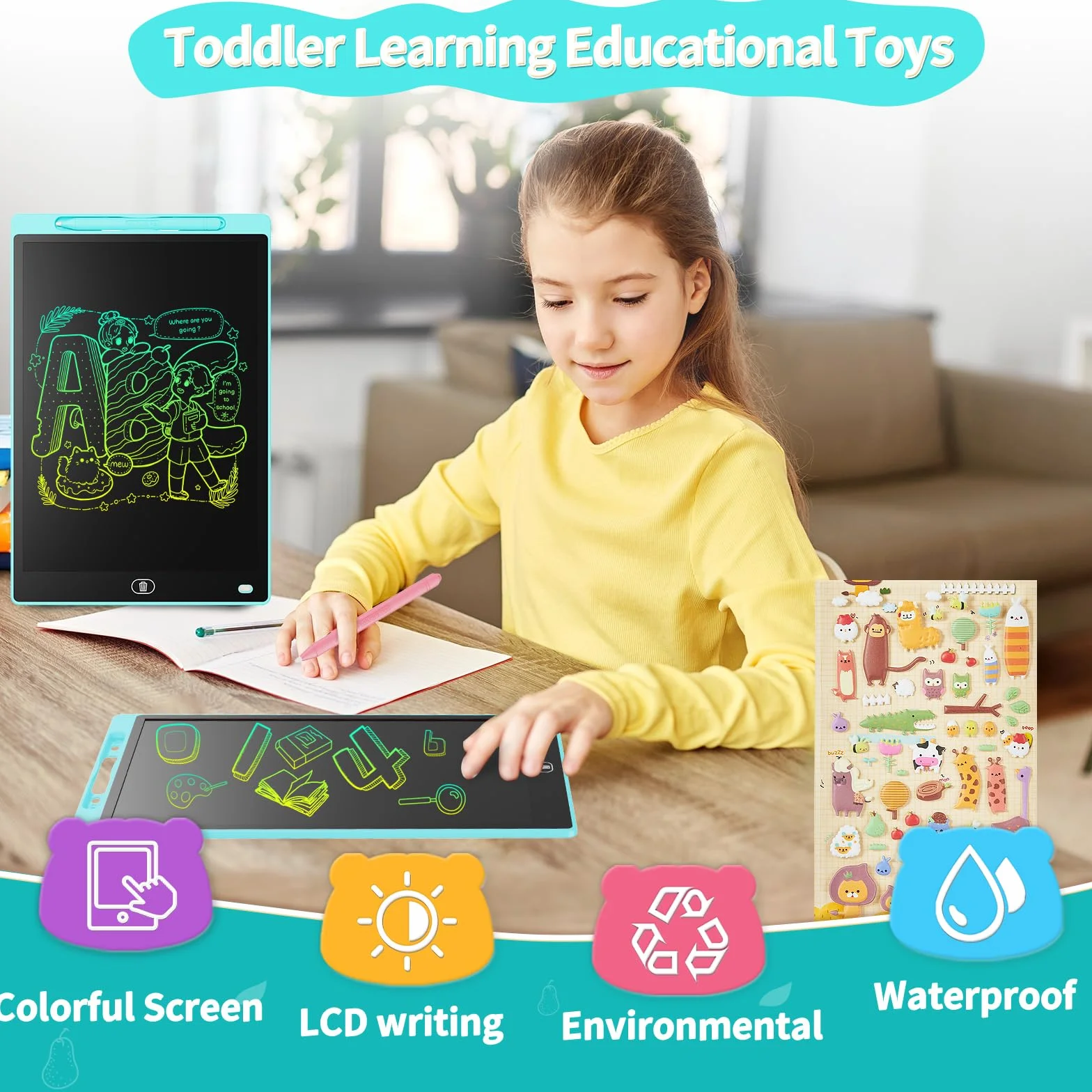 Genialba Tablet LCD do Pisania 10 Cali Kolorowy Tablet Elektroniczny Ekran do Rysowania Zabawka Edukacyjna Prezent dla 2 3 4 5 lat Chłopcy Dziewczęta Boże Narodzenie Urodziny (Niebieski)