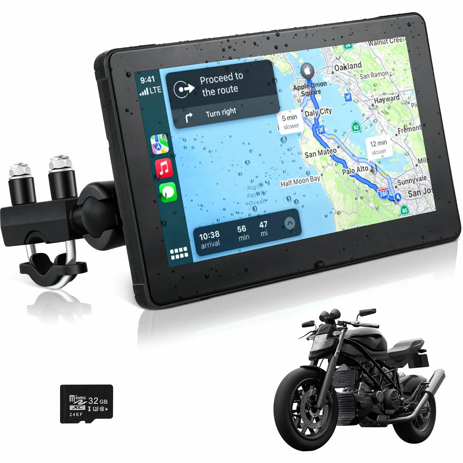 AXFEE Carplay motocyklowy ekran GPS, Carplay do motocykla z przenośnym uchwytem, CarPlay i Android Auto do motocykla, 7-calowy ekran dotykowy, podwójny Bluetooth, karta TF 32 G, GPS, Siri.