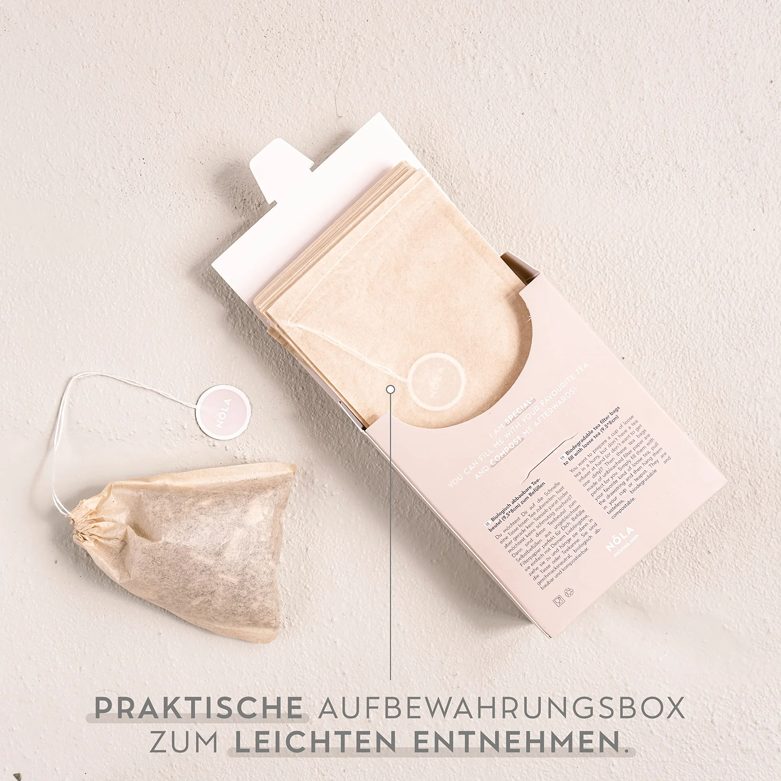 NOLA Jednorazowe torebki do herbaty sypkiej (100 sztuk) – biodegradowalne i nadające się do recyklingu – ze sznurkiem ściągającym – 9,5 x 8 cm – nadają się również do dzbanków do herbaty